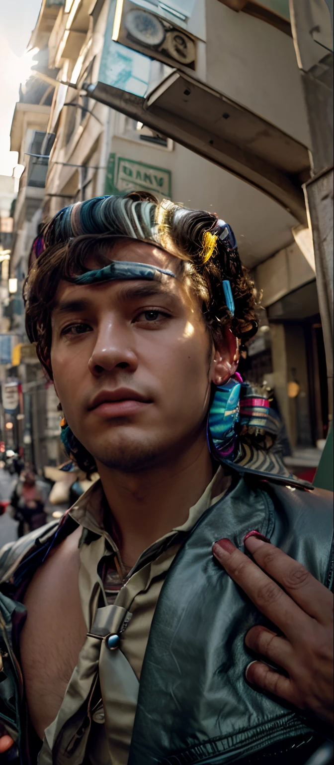 masterpiece,best quality,(1man:1.3), 25 years old,short hair,colored tips,curly hair,colored glasses,earings,gun,tie,topless,corset,mafia style,handcuffs,wrap coat,street,from above,(dutch angle, fisheye),lens flare,depth of field