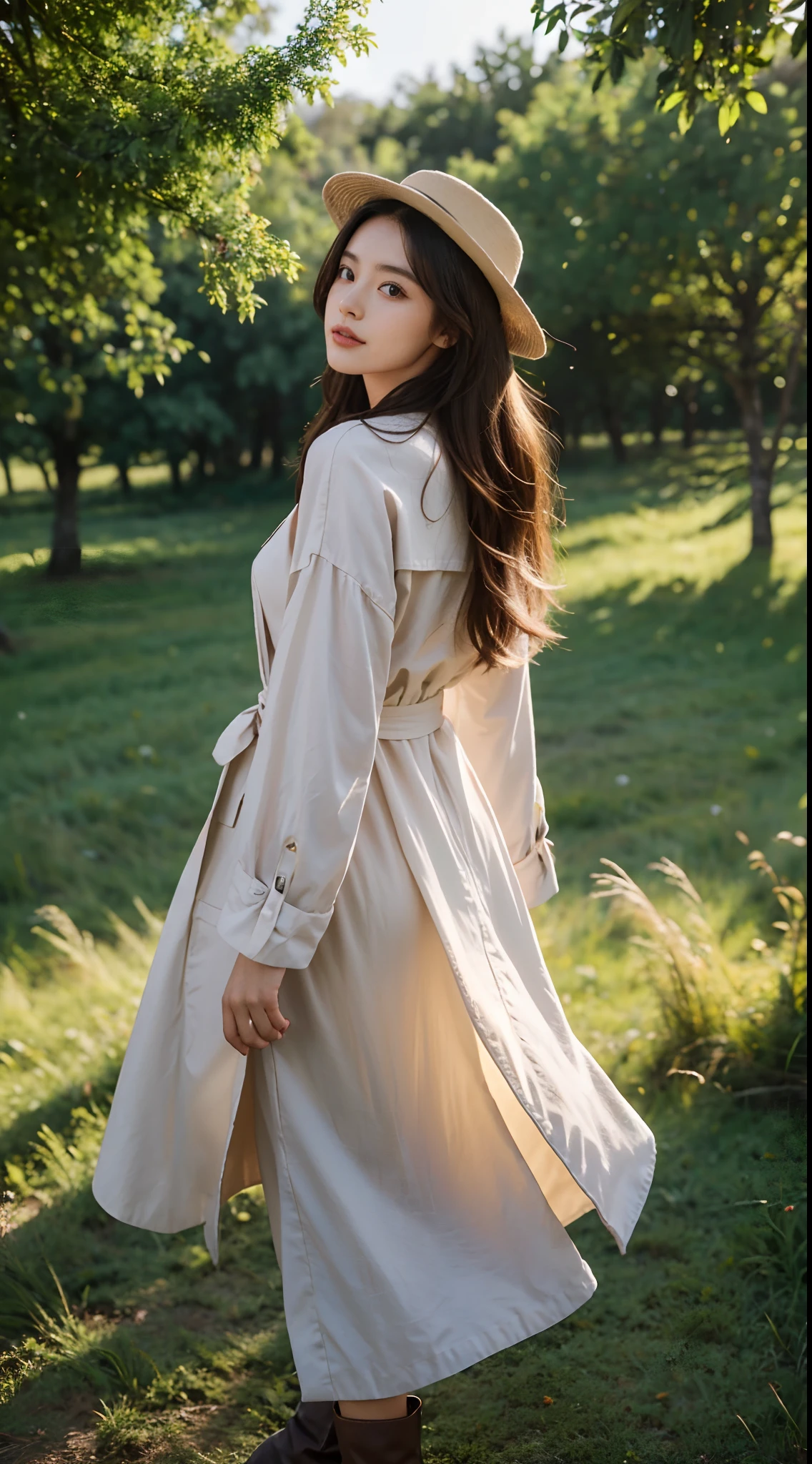 A high resolution, Real portraits of professionals with perfect skin,The breath of life should emphasize her sitting and standing postures,There are several rural houses,Deeply wrapped in the atmosphere of the countryside,the morning sun,favour,Peaceful nature,Field style beauty,In the midst of idyllic nature,Wear a stylish trench coat,boot,Wearing a pink hat,playing in the fields,The breeze blows through the beauty's long hair,breeze in the breeze,Medium-sized half-body,cabelos preto e longos,panoramicshooting,Look confident and cute, Yearning for freedom and beauty,By the sunshine of the countryside,Cold,Surrounded by the breath of nature, Vibrant, naturally lit highlights. The artwork should emphasize her elegant facial features, Including charming long eyes, Fluttering eyelashes and seductive lips, Scenes should have elements that enhance professionalism and visual appeal,por exemplo, tenchi,The tree,Flock of Birds,Mainframe computers, High-resolution display, Highlight your beauty, The overall tone should be warm、professinal, The sun shines on the whole body of the beauty,soft sun light,Has a soft and natural color palette. Artwork should exude a sense of professionalism, and cultural pride,