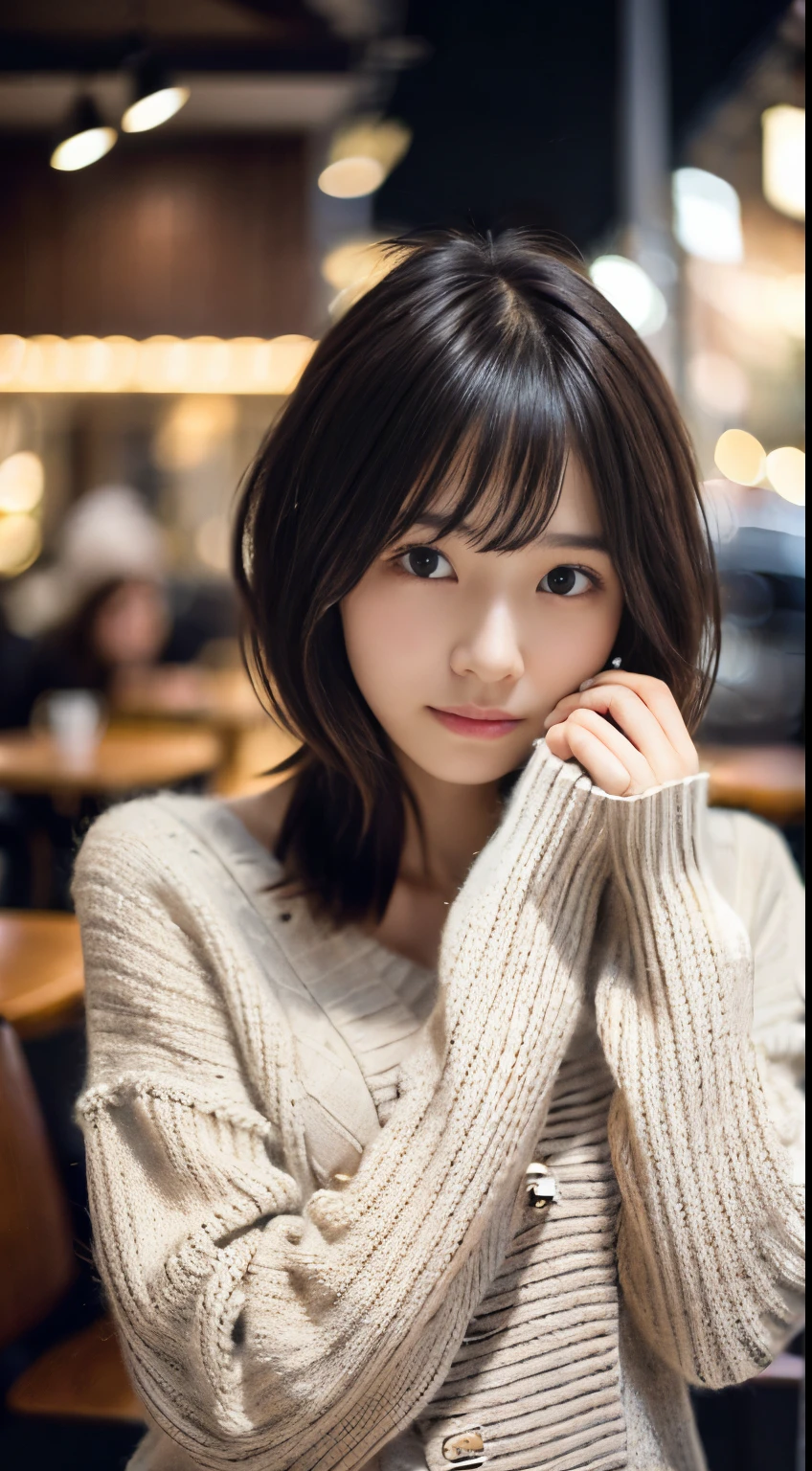 (Close-up portrait of slender small breasted short hair with long locks girl in winter knitted sweater :1.5)、(Shy girl with gift in hand in a café at night:1.5)、(Blurry background,:1.5)、(Perfect Anatomy:1.3)、(complete hands:1.3)、(complete fingers:1.3)、Photorealsitic、Raw photography、masutepiece、top-quality、hight resolution、delicate and pretty、face perfect、Beautiful detailed eyes、Fair skin、Real Human Skin、((thin legs))、(Dark hair)