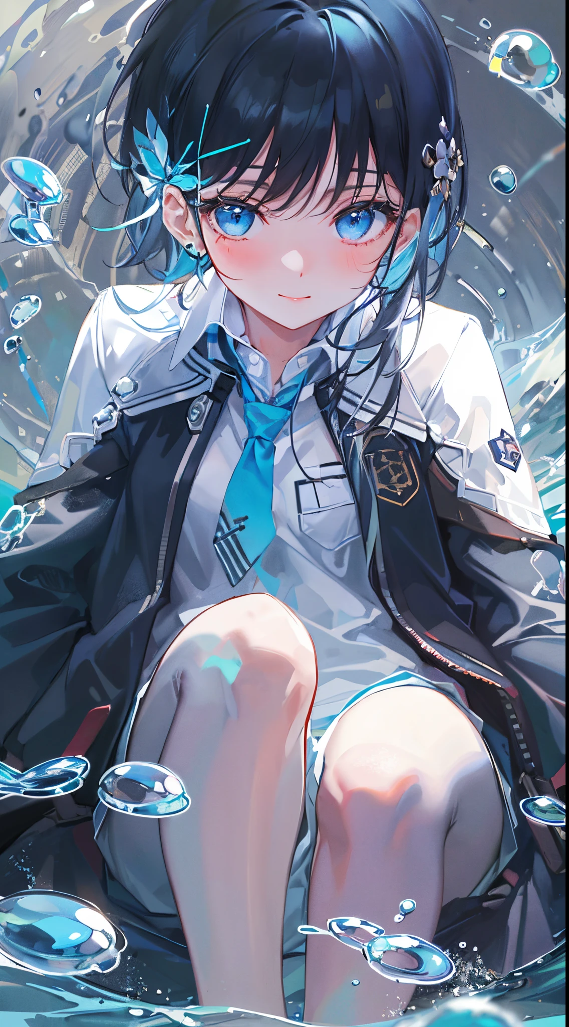 ((top-quality)), ((masterpiece)), ((ultra-detailliert)), (extremely delicate and beautiful), girl with, 独奏, cold attitude,((Black jacket)),She is very(relax)with the(Settled down)Looks,A dark-haired, depth of fields,evil smile,Bubble, under the water, Air bubble,bright light blue eyes,Inner color with black hair and light blue tips,Cold background,Bob Hair - Linear Art, shortpants、knee high socks、White uniform like school uniform、Light blue ribbon ties、Clothes are sheer、Hands in pockets、Bright eyes like sapphire,Shy