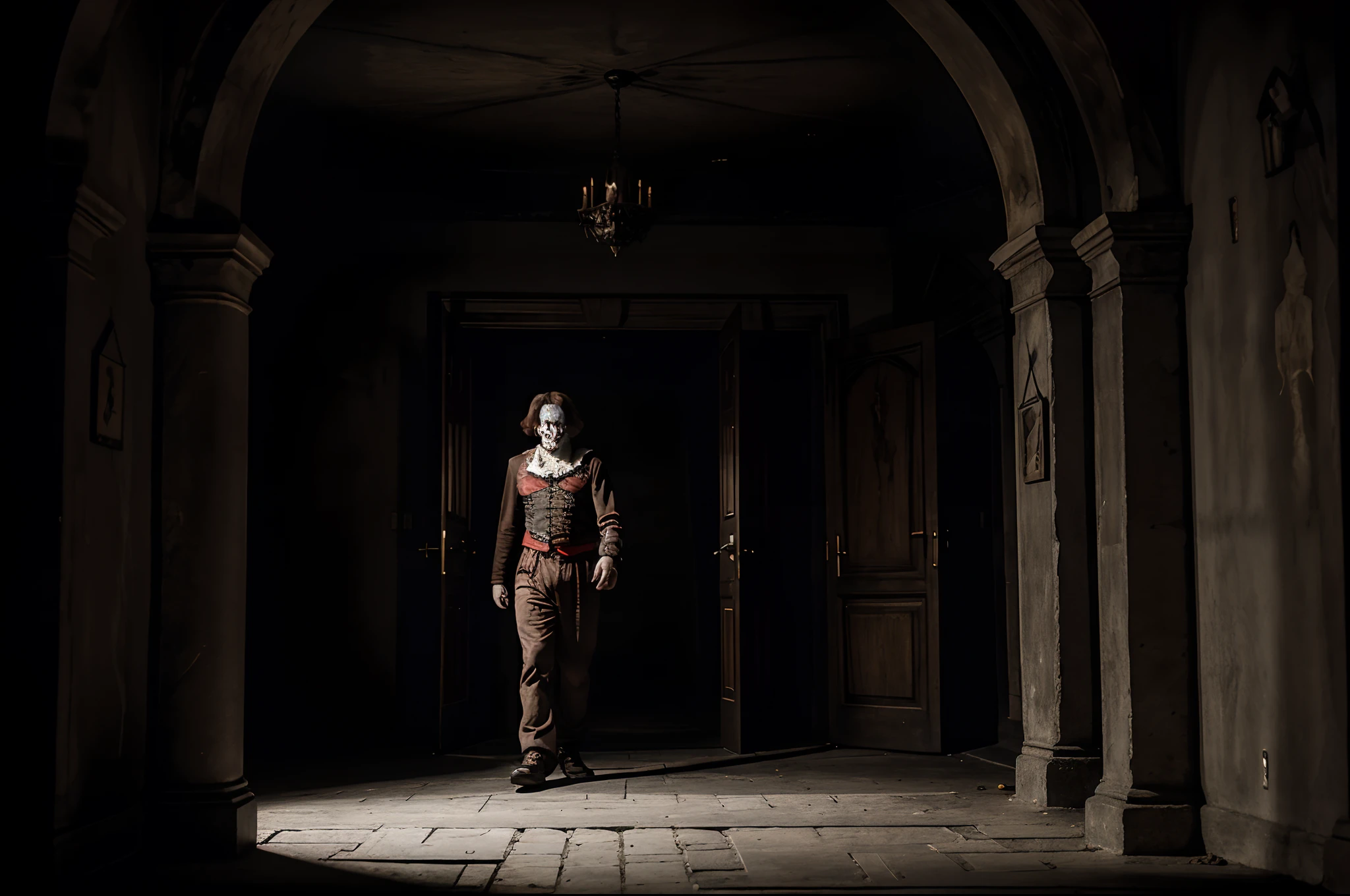 killer clown, dark fantasy, castle interior, ominous feel