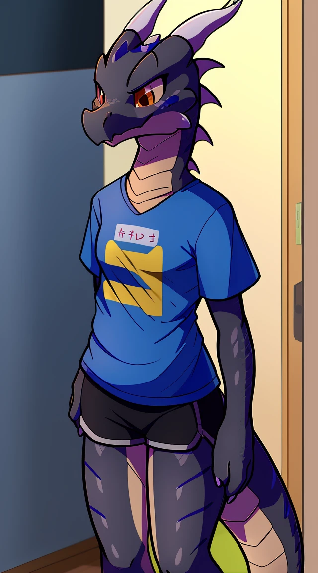 score_9,score_8_up,score_7_up, source_cartoon, source_furry, Susie deltarune, standing, naked, crossing her arms, frowning, showing teeth, indoors, breasts