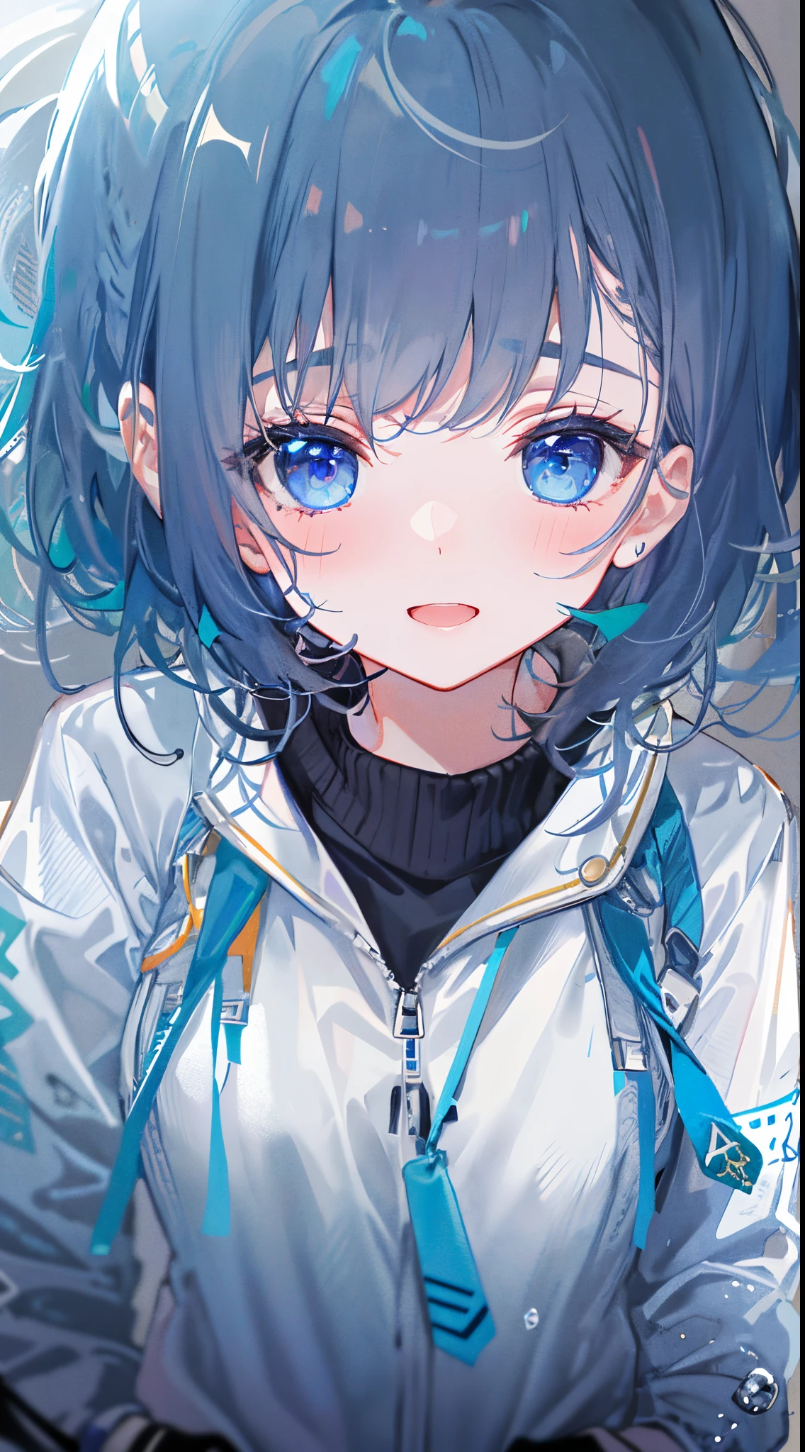 ((top-quality)), ((masterpiece)), ((ultra-detailliert)), (extremely delicate and beautiful), girl with, 独奏, cold attitude,((Black jacket)),She is very(relax)with the(Settled down)Looks,A dark-haired, depth of fields,evil smile,Bubble, under the water, Air bubble,bright light blue eyes,Inner color with black hair and light blue tips,Cold background,Bob Hair - Linear Art, shortpants、knee high socks、White uniform like school uniform、Light blue ribbon ties、Clothes are sheer、Hands in pockets、Leaning against the wall,Bright eyes like sapphire, Fronllesse Blue,