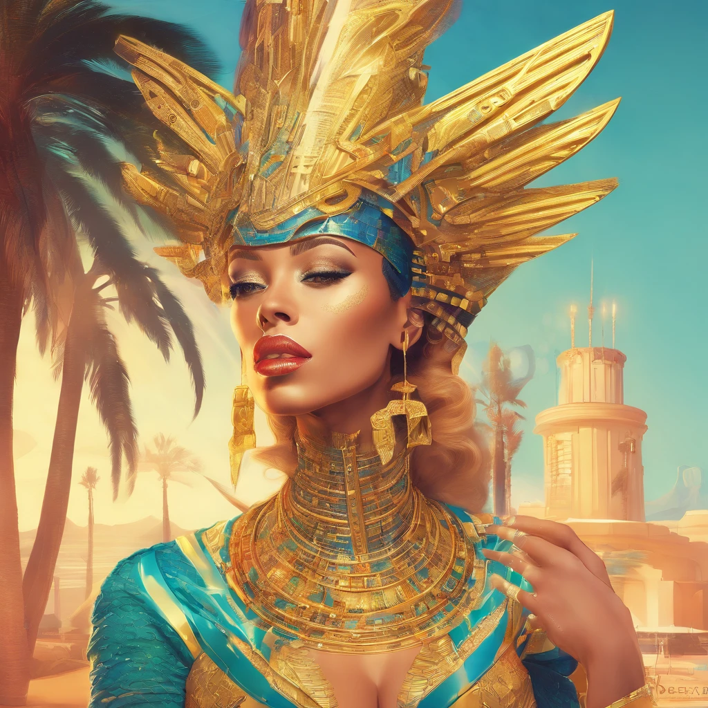 best quality, portrait of a beautiful, curvy woman with in futuristic headdress inspired by an ancient egypt queen Cleopatra, normal skin type, slightly brown skin, snake, gold, silver, stones, scarab beetle, microchips, integrated electric circuits, cabels, electric glow, retro futurism, beach in sunset, warm glowing sunset, palm trees, mecha-girl, human machine integration, long skirt in gold, in her hand she is holding a golden spire, posing by a palm tree