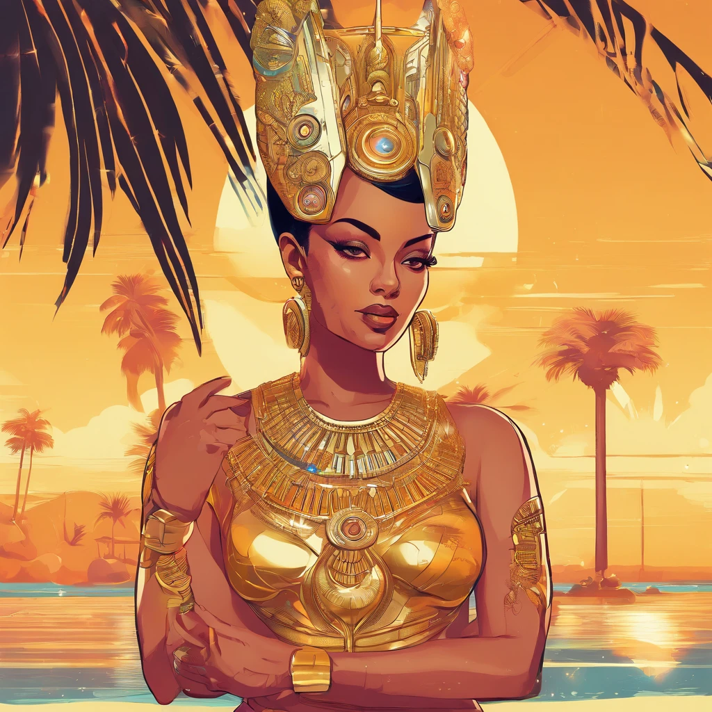 best quality, portrait of a beautiful, curvy woman with in futuristic headdress inspired by an ancient egypt queen Cleopatra, normal skin type, slightly brown skin, snake, gold, silver, stones, scarab beetle, microchips, integrated electric circuits, cabels, electric glow, retro futurism, beach in sunset, warm glowing sunset, palm trees, mecha-girl, human machine integration, long skirt in gold, in her hand she is holding a golden spire, posing by a palm tree