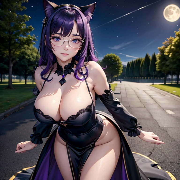 une femme adulte avec des lunettes dans un parc ,Black wedding dress with sleeves, Robe moulante, robe près du corps, black wedding viel, ta , gothiques, long Dress, Bending in front of camera , cat ears, Dark and purple hair, cheveux noirs et mèches violettes, oreilles de chat sur la tête, gros seins, belle poitrine , Décolleté important, Avatar de seconde vie, Belle capture d’écran, charme , Seconde vie, femme séduisante, portant des lunettes noires brillantes, Full Moon, Dark Sky, Night, objectif sur sa poitrine, lean forward, close up view on clivage