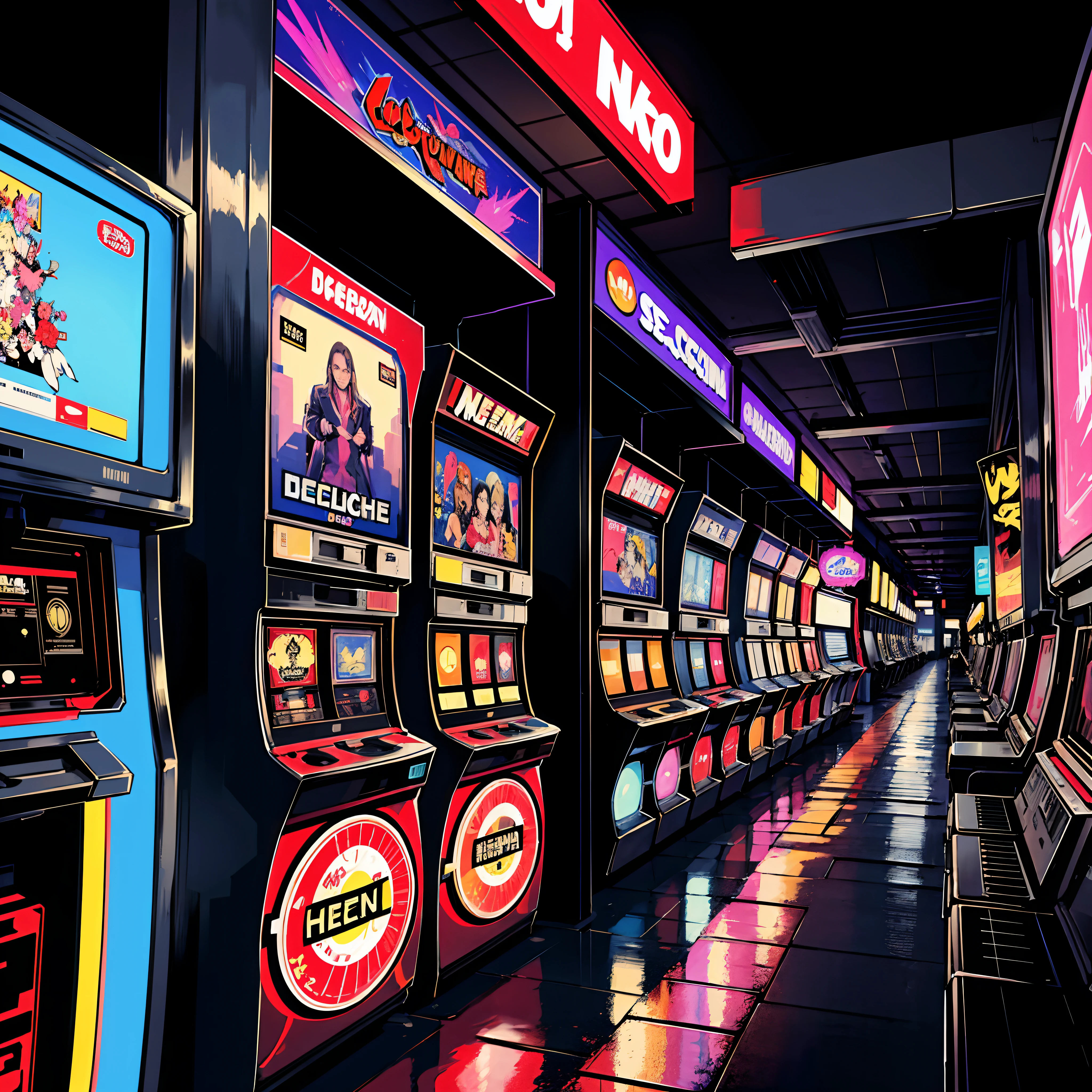 there are many slot machines in a row in the building, 1980s arcade, cyberpunk aesthetics, Cyberpunk streets in Japan, absurdres, high res, 8K, ultrasharp, masterpiece