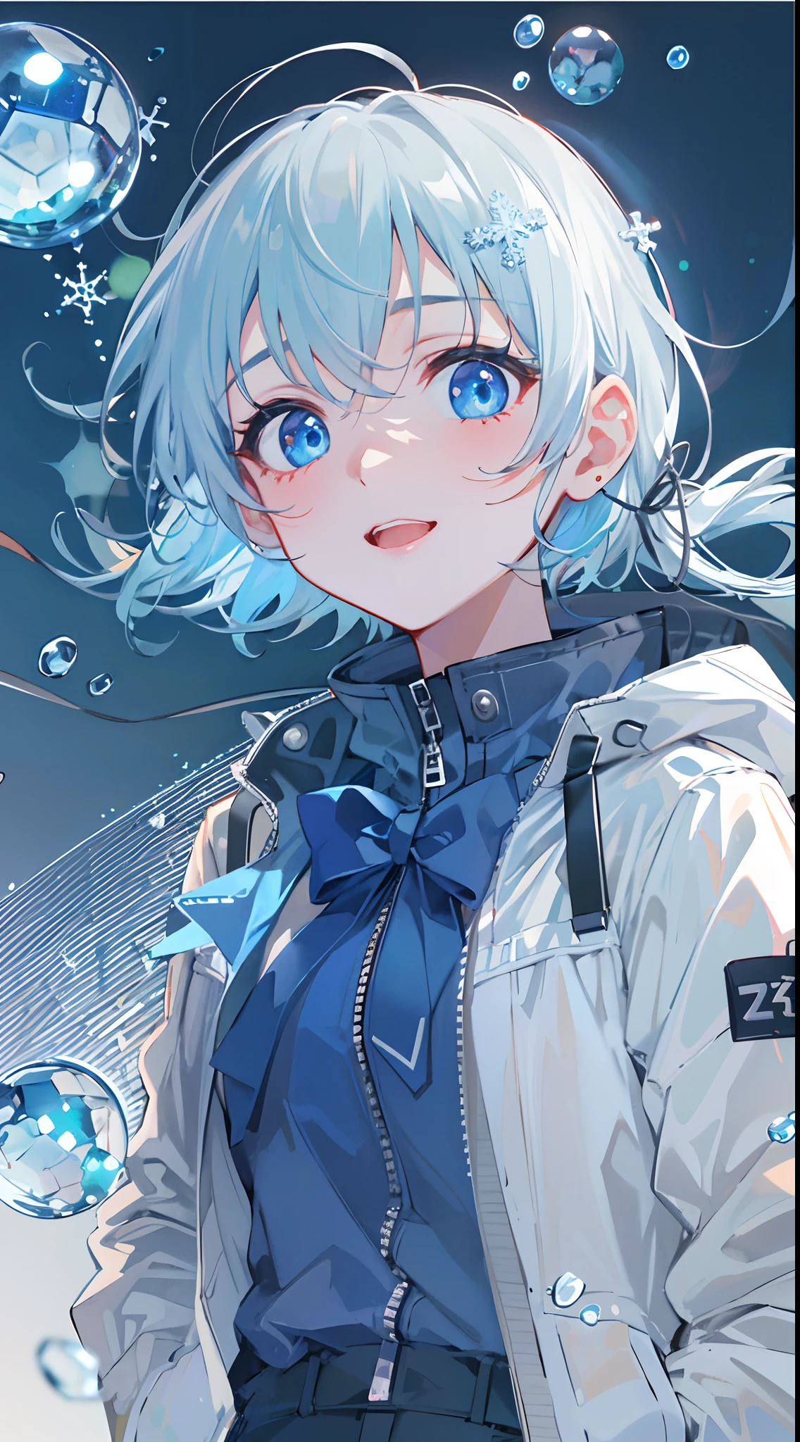((top-quality)), ((masterpiece)), ((ultra-detailliert)), (Extremely delicate and beautiful), girl with, 独奏, cold attitude,((Black jacket)),She is very(relax)with the(Settled down)Looks,A dark-haired, depth of fields,Evil smile,Bubble, under the water, Air bubble,bright light blue eyes,inner color with bright gray hair and light blue tips,,,,,,,,,,,,Cold background,Shorthair、Bob Hair - Linear Art, shortpants、knee high socks、White uniform like school uniform、Light blue ribbon ties、Clothes are sheer、Hands in pockets、Bright eyes like sapphire,Fronllesse Blue, A small blue light was floating、Upper Eyes、glass shards、Snowflake eyes、fantastic eyes