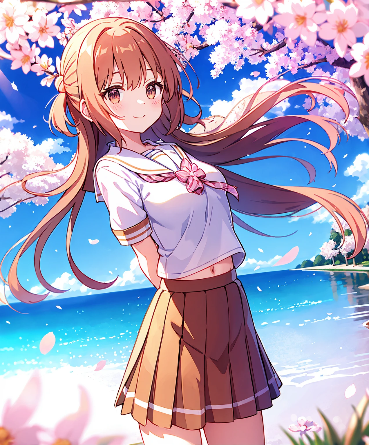 wanting_routine, 1个Giant Breast Girl, Alone, a skirt, long whitr hair, ssmile, tartan, Place your arms behind your back, looking at viewert, Both sides face up, navel, 校服, brown skirt, The shirt, By bangs, white  shirt, diaphragm, longer sleeves, Very long hair, Sailor collar, nedium breasts, Keep your mouth shut, Fluttering grass,(springtime,Sakura blossoms),petals,(lens flare glow),altocumulus,(shadowing) 's [A cherry blossom tree],grassy fields,(lake,surface reflection)