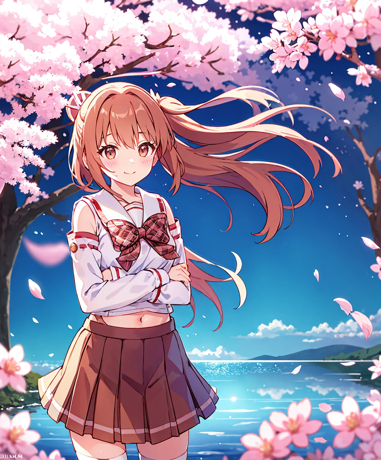 wanting_routine, 1个Giant Breast Girl, Alone, a skirt, long whitr hair, ssmile, tartan, Place your arms behind your back, looking at viewert, Both sides face up, navel, 校服, brown skirt, The shirt, By bangs, white  shirt, diaphragm, longer sleeves, Very long hair, Sailor collar, nedium breasts, Keep your mouth shut, Fluttering grass,(springtime,Sakura blossoms),petals,(lens flare glow),altocumulus,(shadowing) 's [A cherry blossom tree],grassy fields,(lake,surface reflection)