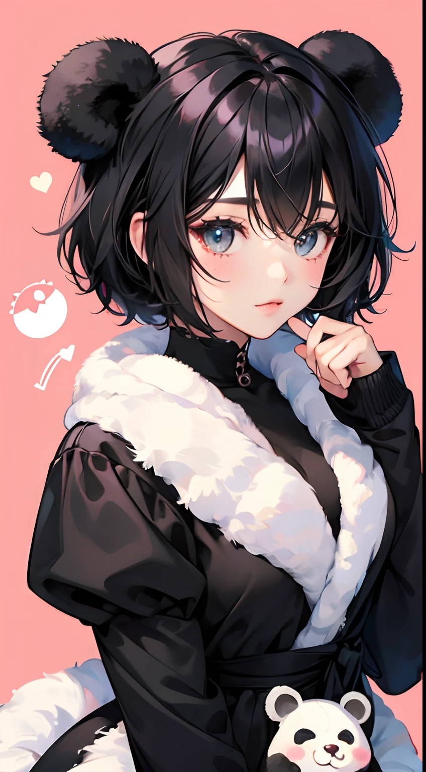 Black bob hair with curled ends、short-hair、Kawaii Girl、Cute fluffy panda costume、kawaii、portlate