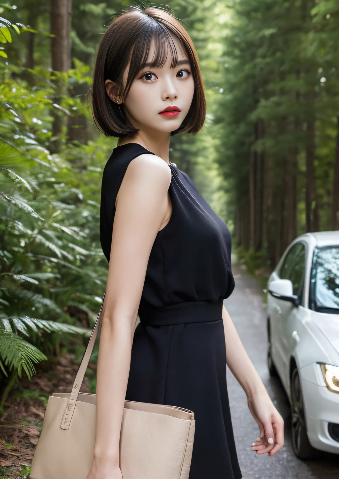 finely detail, hight resolution, hightquality、Perfect dynamic composition, Beautiful detailed eyes, Bob Layer Cut、In the deep forest、Trees are visible、Unclean,Blackback、Black Dress, I see the car、I see a man、Black bag、best qualtiy, ighly detailed,Natural Color Lip, 28 year old、1 persons、Transparent skin、Glowing hair、a miniskirt、beauty legs、Facial twitches、glares、irate、