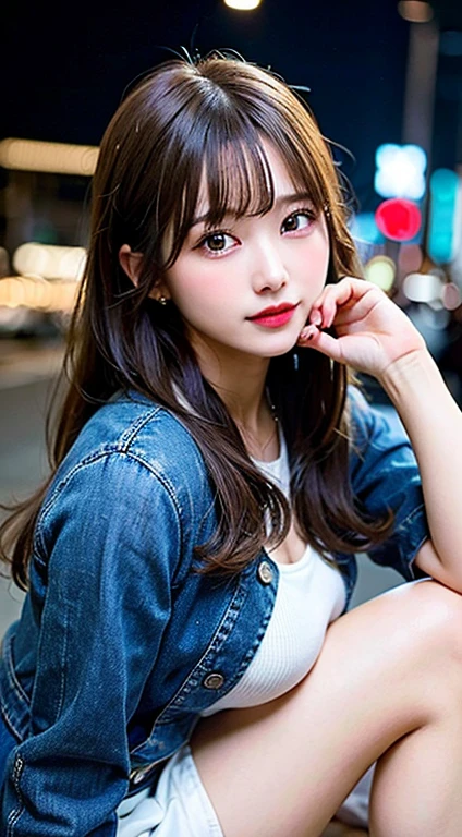 (in 8K, Raw photo:1.2)Detailed face and eyes,Best Quality, 超A high resolution, Highly detailed ,intricate detailes ,masutepiece ,Cute Girl , Soft cinematic light, Hyper-detailing,Sharp Focus, High quality, A dark-haired, Longhaire,Denim outerwear、white  shirt、(Black miniskirt）、（sitting on）、Night city、（full bodyesbian）