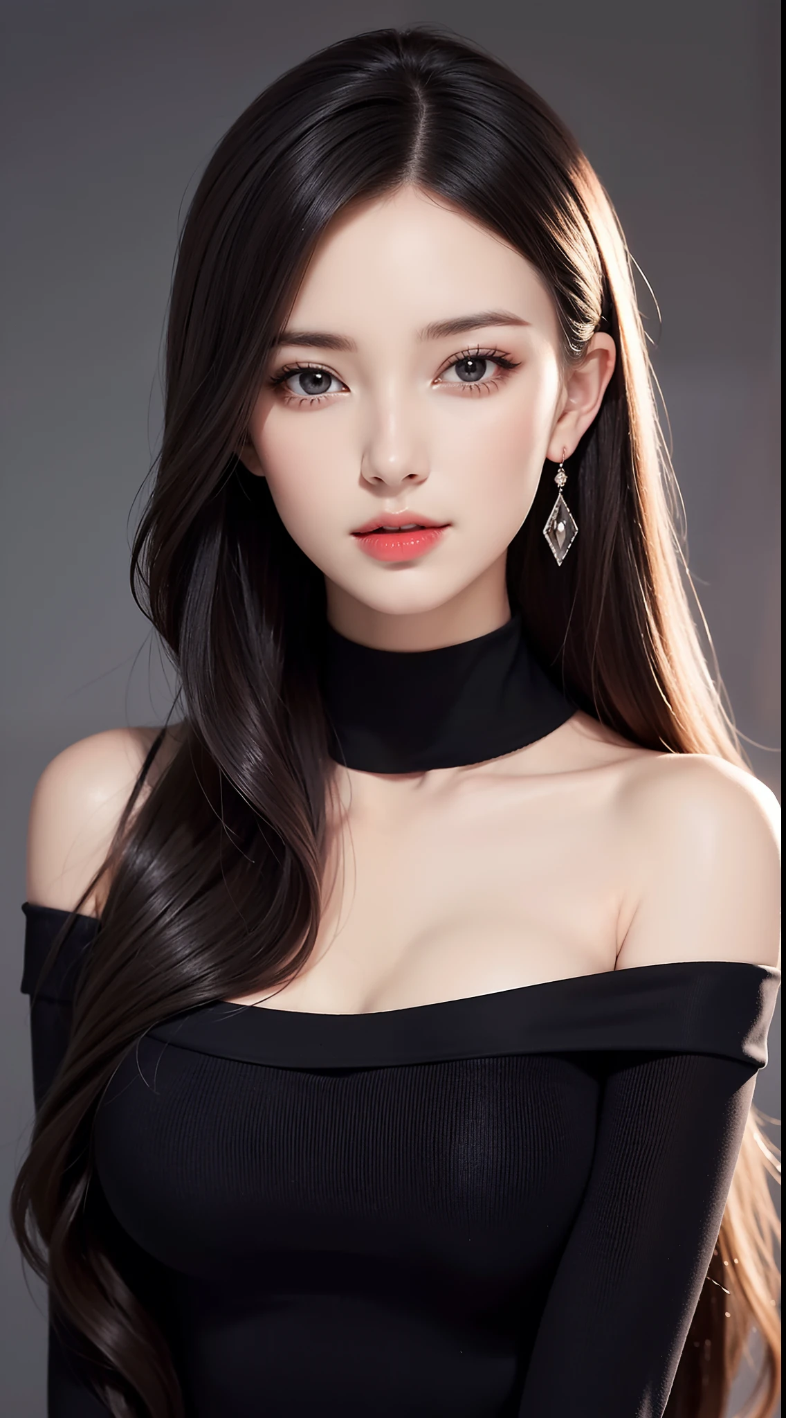 Generate the image of the face of a beautiful woman with straight hair length to the shoulder with the front part behind the ear, she has beautiful and well-shaped hands, is very elegant and sophisticated and is wearing a black knitted high-neck blouse.