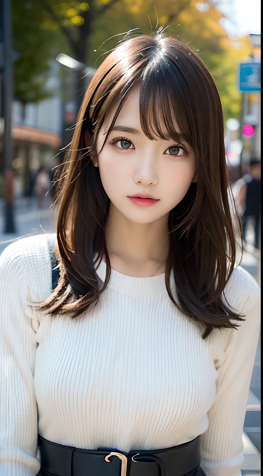 Dress up、(Photo Real:1.4)、(A hyper-realistic:1.4)、(Photorealistic:1.3)、 (Gentle lighting: 1.05)、(Improve video lighting quality:0.9)、32 k、 1girl in、16yo girl、photorealistic lighting、Back lighting、Facial Lights、raytrace、(Bright:1.2)、(Increase quality:1.4)、 (Top quality real texture skins)、Fair eyes,A delicate and delicate face、 (tired and sleepy and satisfied : 0.0), Close-up of the face, School Sweater : 1.3, (Bodyline mood improvement:1.1)、Glossy skin、 Star、韓国アイドル、乃木坂アイドル、Gravure Idol Pose、Beautiful actress、Neat and clean woman、 full body Esbian