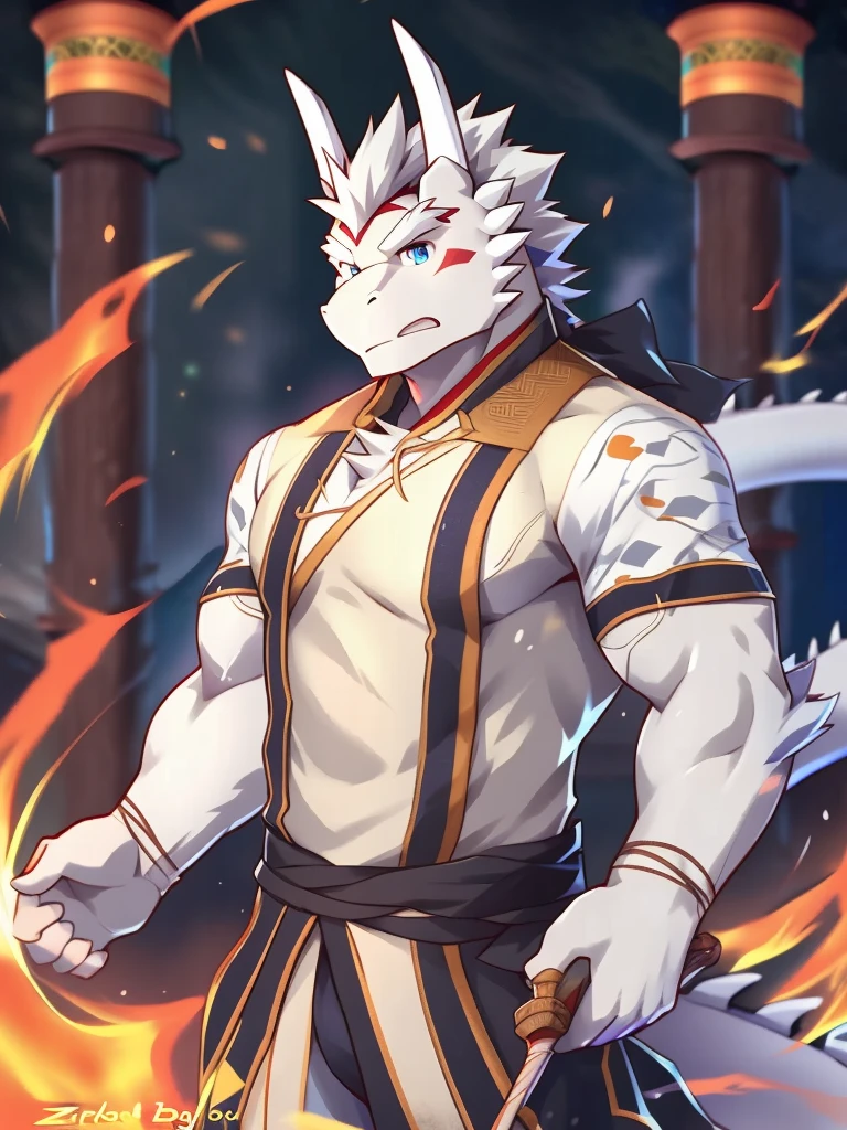 author：Zixiong, (1 boy), Alone, male people, (White Dragon), Wearing black antique Hanfu, Hot body, Muscle tissue, Tough guy, only, sexy for, Handsome boy, AS-Adult, (Detailed blue eyes), ; (tmasterpiece, A high resolution, Best quality), 8K，ancient wind，25 age old，Uncles