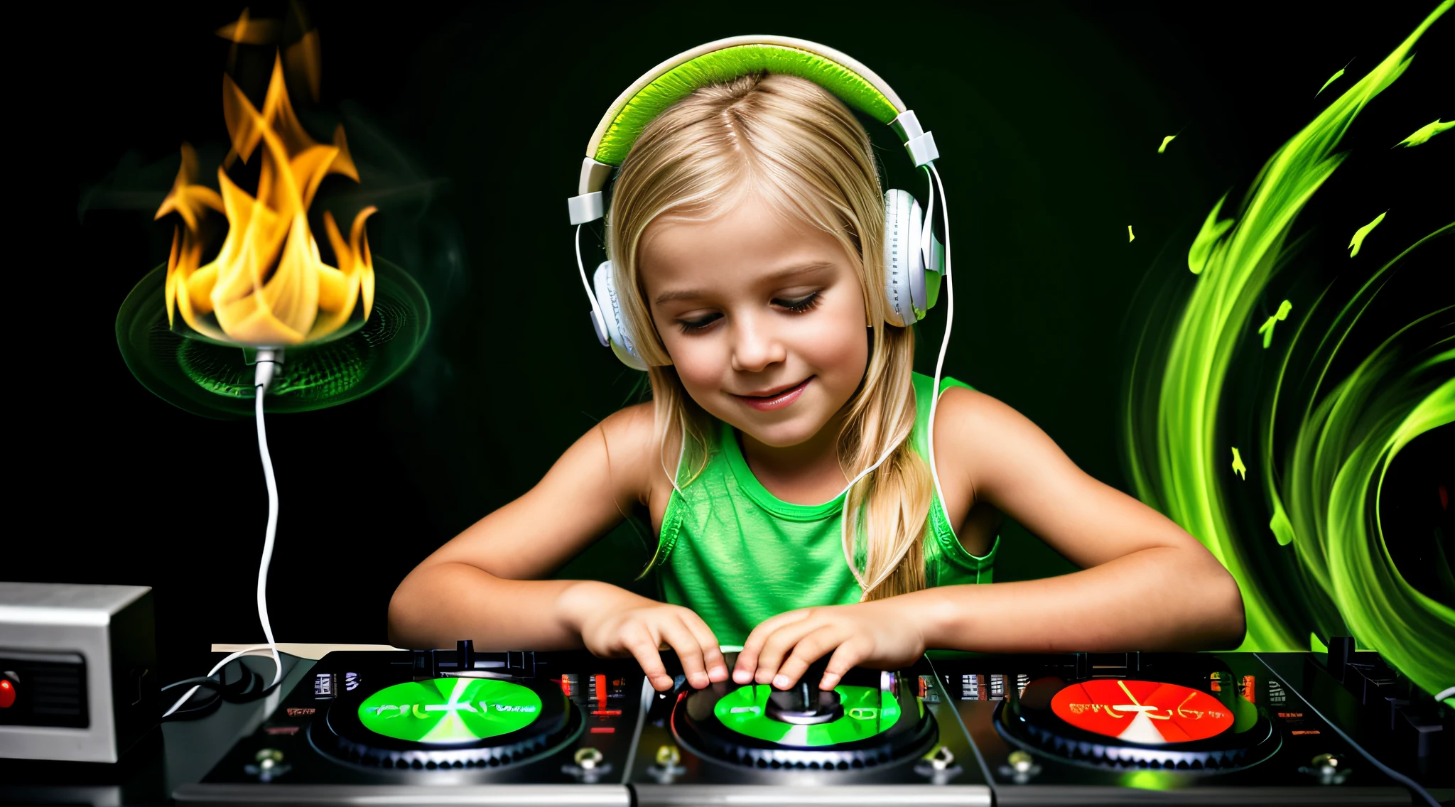 Image of a CHILD BLONDE girl with headphones playing music, Atom and Evil, DJ, fire and GREEN FIRE , FLAMME, BURN , FOGO, GREEN, VERDE.