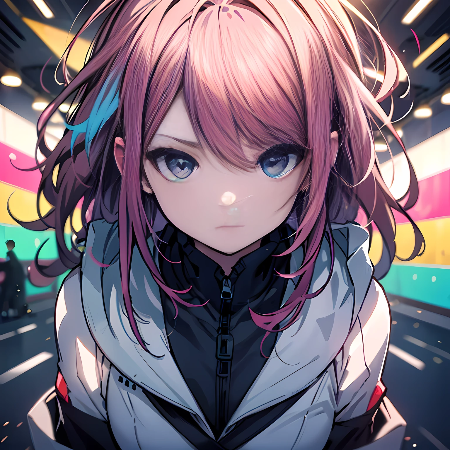manga comics, Vector art,(((masterpiece)))、((ultra-detailliert、top-quality、hight resolution、Cinematographic lighting))、fullllbody、From above、Fulll body Shot (女の子1人)(rainbow-colored hair、colourful hair、Half white and half black hair:1.2)(with two sides up)(green colored eyes)、eyeshadows、eye liner、intricate eyes、beautidful eyes、Detailed, crimson light, Detailed background,2D plane, Generate abstract expressions in the form of vivid and dynamic images。, Lines come together to convey strong emotions、evoke curiosity and surprise. The artwork is、Must capture the essence of Abstract Expressionism, Allows for free interpretation and deep visual experience."