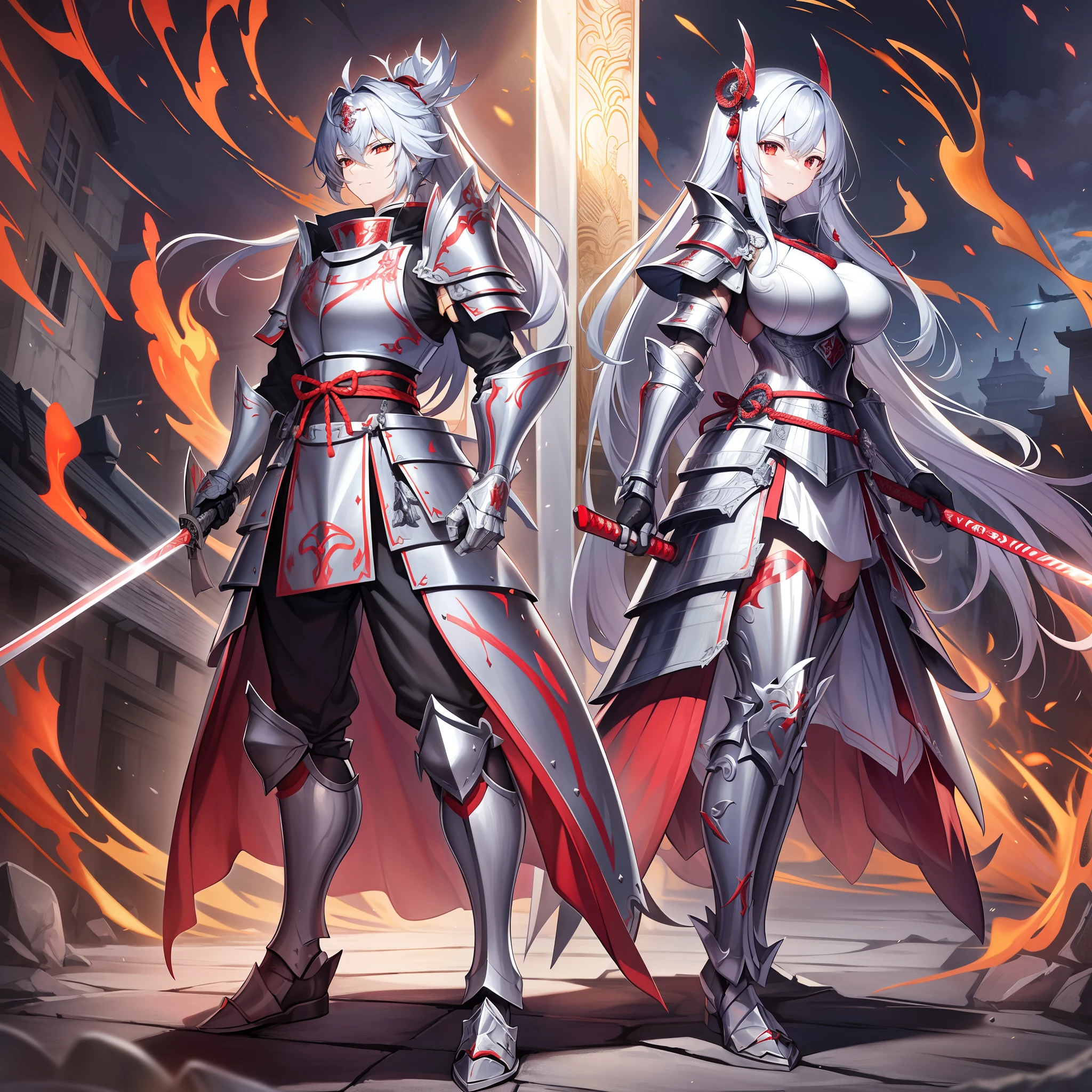 Outrageous resolution、​masterpiece++、top-quality++、ultra-definition++、ultra-definition++、4k++、8k++、from side、（Background Focus）++、+++、Destroying a city On the battlefield, a knight in full body armor shining in silver and a samurai in full body armor in shining red stand back to back and chant a spell wielding their weapons.、A rune in which a knight in full body armor shining in silver and a samurai in full body armor in shining red swing their weapons back to back on the battlefield.、Magic where a knight in shining silver full body armor and a samurai in full body armor shining red swing their weapons back to back on the battlefield.、A knight in full body armor shining in silver and a samurai in full body armor in shining red stand back to back and wield weapons on the battlefield flying above.、A dragon in which a knight in full body armor shining in silver and a samurai in full body armor in shining red stand back to back and wield weapons on the battlefield.、On the battlefield, a knight in full body armor shining in silver and a samurai in full body armor in shining red stand back to back and wield weapons.、detailed fantasy art、fantasy art style、Break A monster in a beautiful ancient battlefield where a knight in shining silver full body armor and a samurai in full body armor shining red stand back to back and wield weapons.、A huge-breasted monster with a knight in full body armor shining in silver and a samurai in full body armor shining in red wielding weapons back to back on the battlefield.、Fantasy Art Behans、On a beautiful battlefield, a knight in shining silver full-body armor and a samurai in shining red full-body armor stand back to back and wield weapons.、On a beautiful battlefield, a knight in shining silver full body armor and a samurai in full body armor shining red stand back to back and wield weapons.、Fragments of a knight in shining silver full-body armor and a samurai in full-body red shining armor swinging weapons back to back on a shiny floating battlefield.、A magic circle in which a knight in shining silver full body armor and a samurai in full body armor shining red swing their weapons back to back on the battlefield.、On a dazzling battlefield, a knight in full body armor shining in silver and a samurai in full body armor shining in red sparkle as they swing their weapons back to back.、A chain in which a knight in full body armor shining in silver and a samurai in full body armor in shining red stand back to back and wield weapons on the battlefield.、On the battlefield, a knight in full body armor shining in silver and a samurai in full body armor in shining red stand back to back, swinging weapons, their hair blowing in the wind.、Blake Isekai Beautiful、On the battlefield, a knight in full-body armor that shines in silver and a samurai in full-body armor that shines in red swing their weapons back to back.、Detailed clothing、Mischievous aura、Bewitching face、tall body、Mature body、seductive body、爆乳、detailed beautiful faces、detailed shiny eyes、Detailed skin、Full body break、detaileds、realisitic、4K highly detailed digital art、octan render、bio luminescent、BREAK8K resolution concept art、真实感、Mappa Studio、​masterpiece、top-quality、Official Art、illustratio、Ligne Claire、(cool_color)、perfect-composition、absurderes、Fantasia、Focused、thirds rule