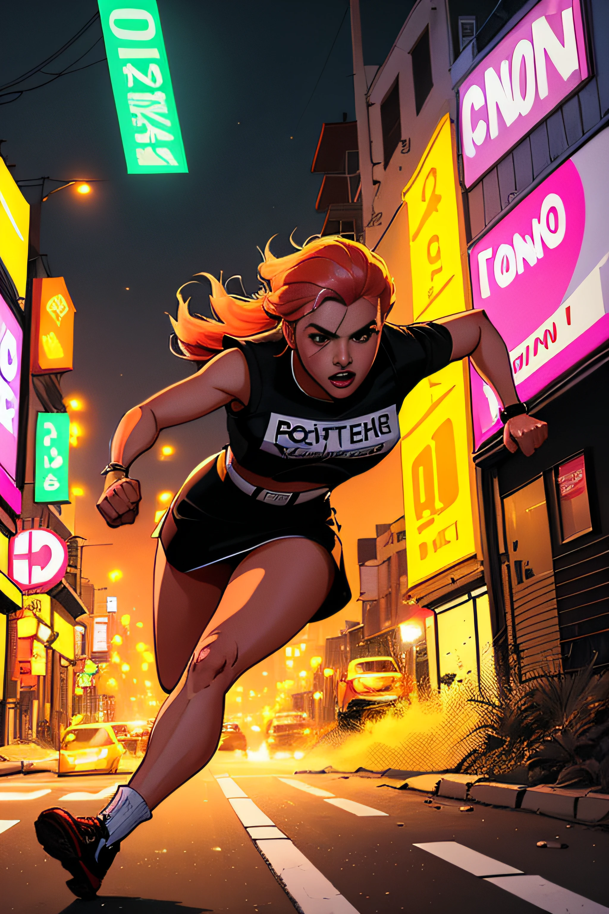 Imagen de cerca de 1girl con cabello largo y rosado, con vestido blanco entallado con capucha, (RUNNING TOWARDS CAMERA), (La mujer parece asustada), asustado, Corriendo por su vida, down a dirty city alley, ciudad futurista en (Noche:1.4), Blue and yellow neon signs, (((cartel enorme donde dice PELIGRO))), Chase scene, action scene, Contornos gruesos, comic book style, dynamic camera angle, Piel realista, manos realistas, Manos perfectas, Lines of action, fondo de desenfoque de movimiento