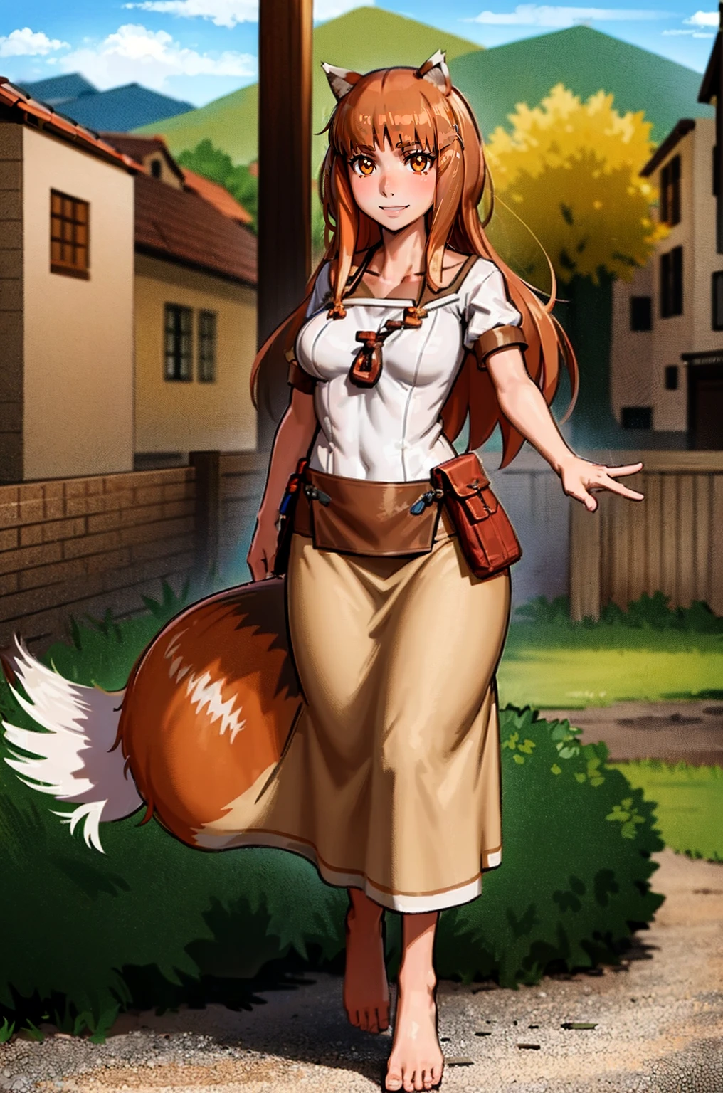(holo:1.5), (holoBrownDress:1.5), masterpiece, best quality, absurdres, 1girl, looking at viewer, standing, cowboy shot, outdoors, medieval, cobblestone street, town, pouch, sash, smile, fruit, apple, basket,mediumbreast, curvy, silver hair, white hair, full body, flipflops,