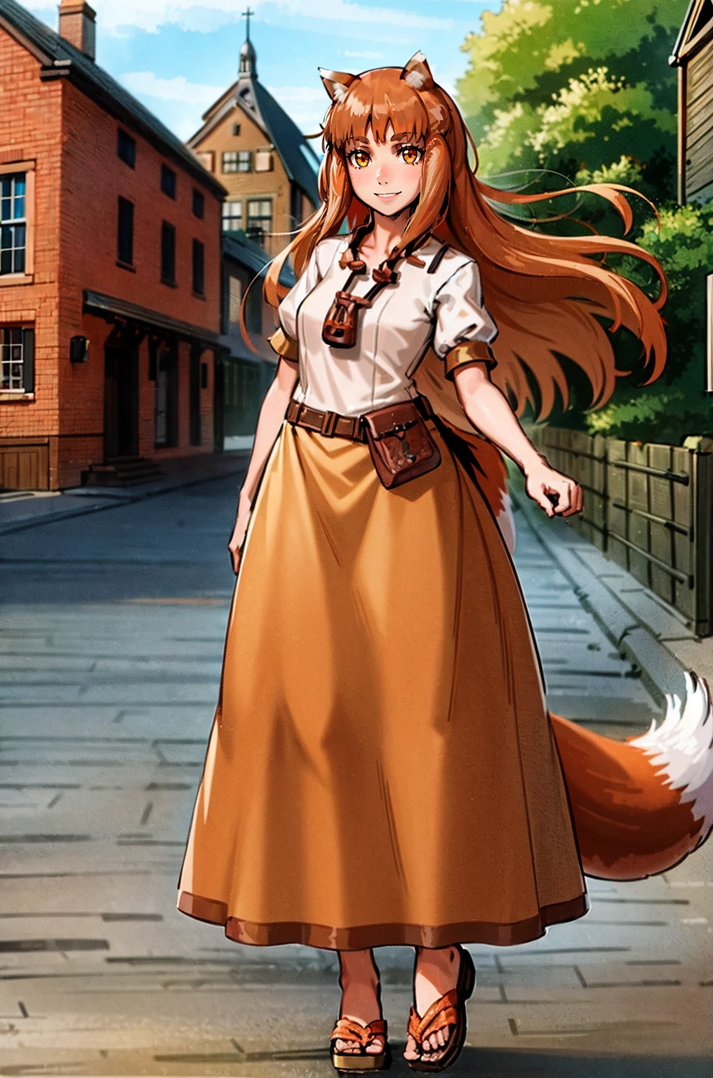 (holo:1.5), (holoBrownDress:1.5), masterpiece, best quality, absurdres, 1girl, looking at viewer, standing, cowboy shot, outdoors, medieval, cobblestone street, town, pouch, sash, smile, fruit, apple, basket,mediumbreast, curvy, silver hair, white hair, full body, flipflops,