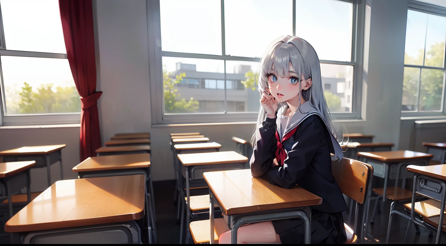 a pregirl,silber hair,Blue eyes,Sit in a classroom,in school uniform