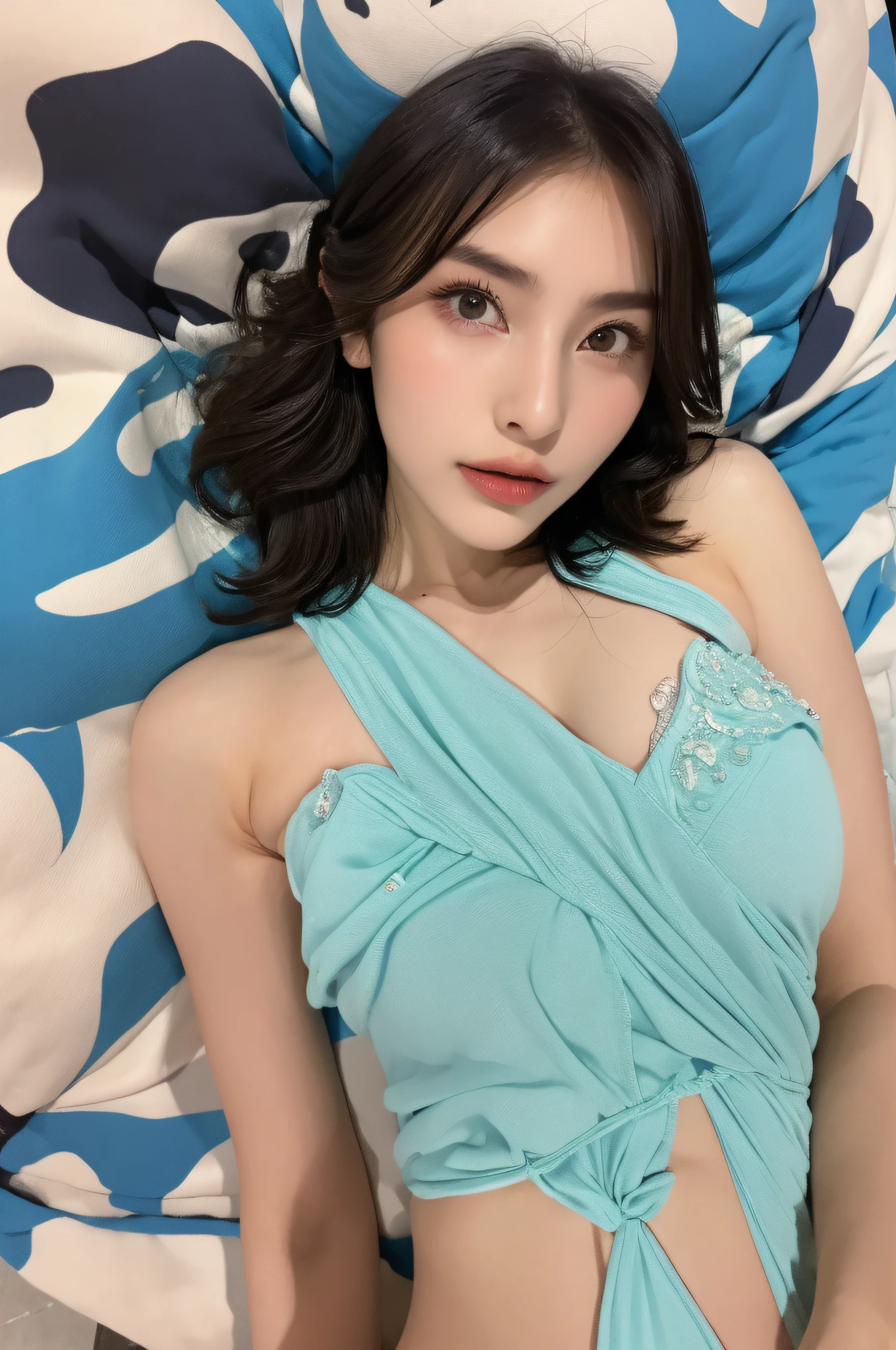 A beautiful girl with Mexican, Argentinian and British ethnicities, with freckles, unique and very beautiful blue eyes, and a mole next to her left eye, medium large breasts, sensual waist, dresses elegantly while taking a selfie lying on her bed.