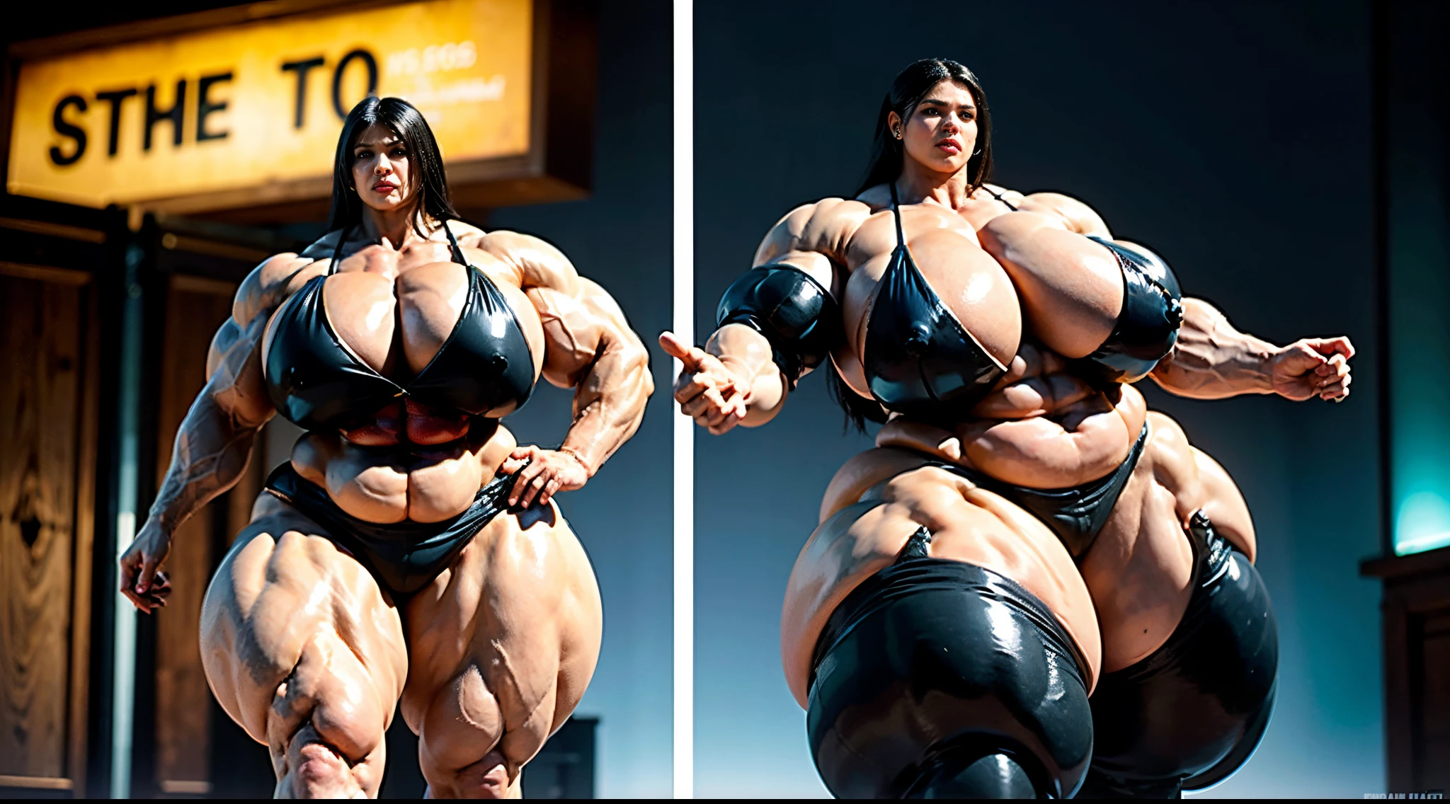 ((Head to toe:1.5)), ((retrato de corpo inteiro)), duas mulheres Araffe usando micro bikini preto posando para uma foto, corpo grande, pernas longas, exaggeratedly large physique, thicc, absurdly massive physique, poderoso e enorme, huge muscles, massive muscles, beautiful thick female, thicc build, large muscles, veias enormes, Tiro gigante impressionante da deusa, muito lindo. large muscles, grosso, extremely muscular, (seios gigantescos:1.8), ((Seios enormes:1.5)), (quadris de thicc:1.4)