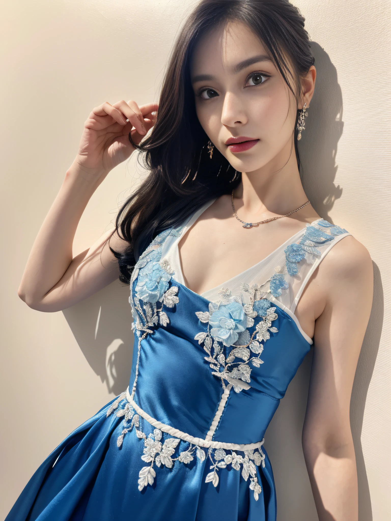 Close up portrait of woman in blue dress leaning against wall, Wearing a blue dress with ultra-thin fabric, in blue dress, Bright blue shiny lingerie, wearing blue dress, Icy Blue Dress, sky - blue dress, wearing a blue dress, translucent silky dress, in a blue qipao, Blue Dress, tall thin beautiful goddess, Dressed in blue, beautiful silky dress、((Ultra-thin fabric sticks to the body、show through、no-bra、Nipple ring))、Perfect body with realistic shades、translucent white skin、shiny white skin、Smooth white tight clothes suit、Photo by Fujifilm X-T3、(Photorealsitic:1.4)、(masuter piece:1.3)、 (intricate-detail:1.2), (crisp photos)、Raw photo, (top-quality, ​masterpiece:1.2),(intricate detailes:1.4),(octane renderings, Complex 3D rendering ultra detail, Studio Soft Light, Rim Lights, vibrant detail, Super Detail, realistic skin textures, Detail Face, Beautiful detail eyes, Very detailed CG Unity 16k wallpaper, make - up, (detailedbackground:1.2), shinny skin、(In SFW)