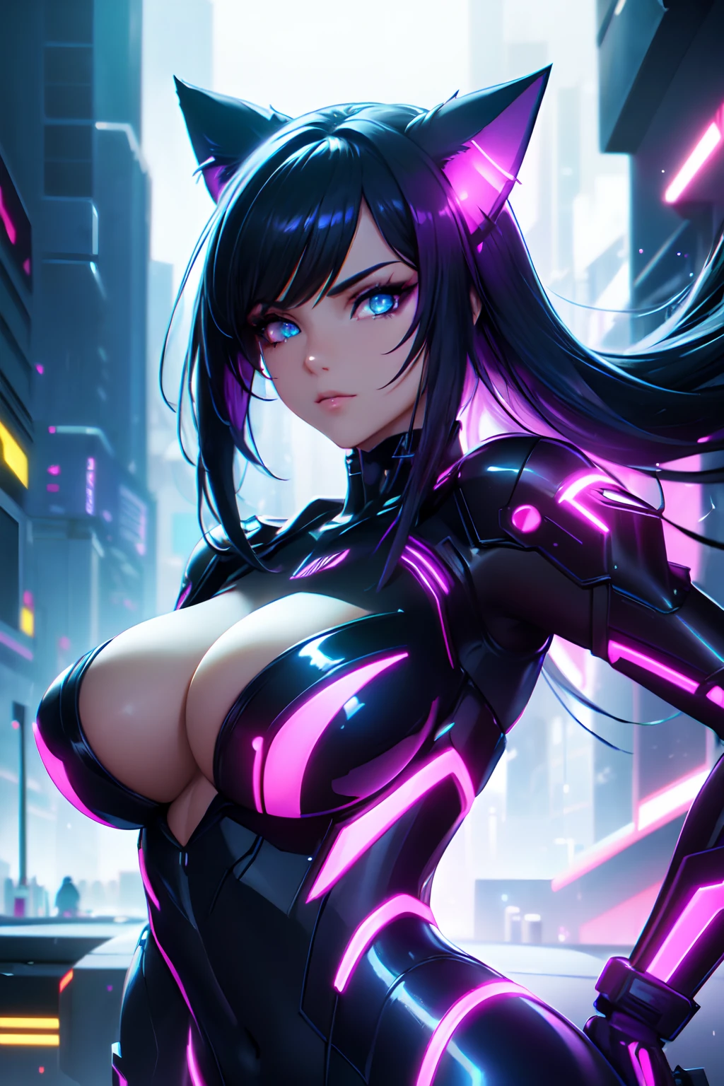 (High quality, High resolution, Fine details, Realistic), cyber cat ears, digital illustrations, futuristic aesthetic, shiny metallic texture, glowing LED lights, neon colors palette, mechanical parts, sharp and pointy edges, sleek and elegant design, realistic and detailed portrayal of cybernetic cat ears and their integration with a human head, cyberpunk style, solo, Curvy women, (sparkling eyes), ((Detailed eyes)), Large breasts, vibrant and dynamic composition, vibrant color contrast, dramatic lighting effects, vivid colors, professional digital art, bokeh