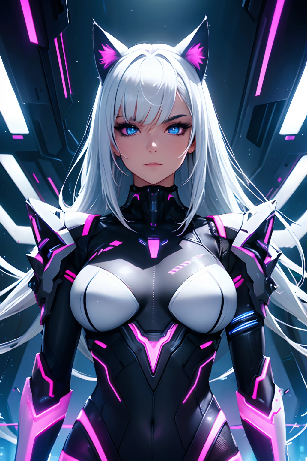 (High quality, High resolution, Fine details, Realistic), cyber cat ears, digital illustrations, futuristic aesthetic, shiny metallic texture, glowing LED lights, neon colors palette, mechanical parts, sharp and pointy edges, sleek and elegant design, realistic and detailed portrayal of cybernetic cat ears and their integration with a human head, cyberpunk style, solo, Curvy women, White hair, (sparkling eyes), ((Detailed eyes)), Large breasts, vibrant and dynamic composition, vibrant color contrast, dramatic lighting effects, vivid colors, professional digital art, bokeh