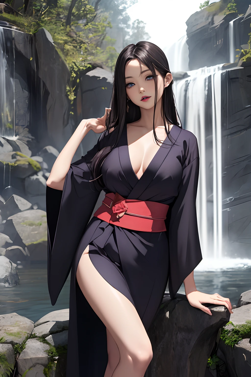 ((Moon Night)), (((Backlit painting))), ((Waterfall in the fog at night)), ((Japan-style architecture on the banks of a dark waterfall)), ((Next to a beautiful waterfall basin)), Japanese-style building with a terrifying atmosphere, ,  ((Sharp bewitching eyes))、((A sexy))、pale skin、(((1 girl in))), ((pale skin))、Melancholy beautiful face、((vulgarity fucked silly face))、Sexy face、Nipple bumps, (((Lower breast)))、knee high socks、(((Beautiful breasts ))), ((show off breasts)), ((Press your chest together)), (), Beautiful 、long boots、Super fine face、Delicat eyes、(Double eyelids)、 (((1 Japan Woman)))、 Beautie, sixteen years old, Wavy Hair、barechested、Underhair、Realism、wetting hair、(Japanese style kimono), ((See-through kimono:1))、((Black kimono:1)), (half undress), Open Wareme, Beautiful , (Spread legs), ((m-legs)), ((Leg up)), ((grabbing her own breasts)) ,Beautiful hands,not any dressed, I'm not wearing underwear, Female masturbation、(Opening legs)、(squatt)、(((erectile nipple)))、long teat、((Open your clothes)),  I wasn't wearing panties，Expose the lower body, (dark purple lipstick), (Show off ), (Bottomless), (((Open )))