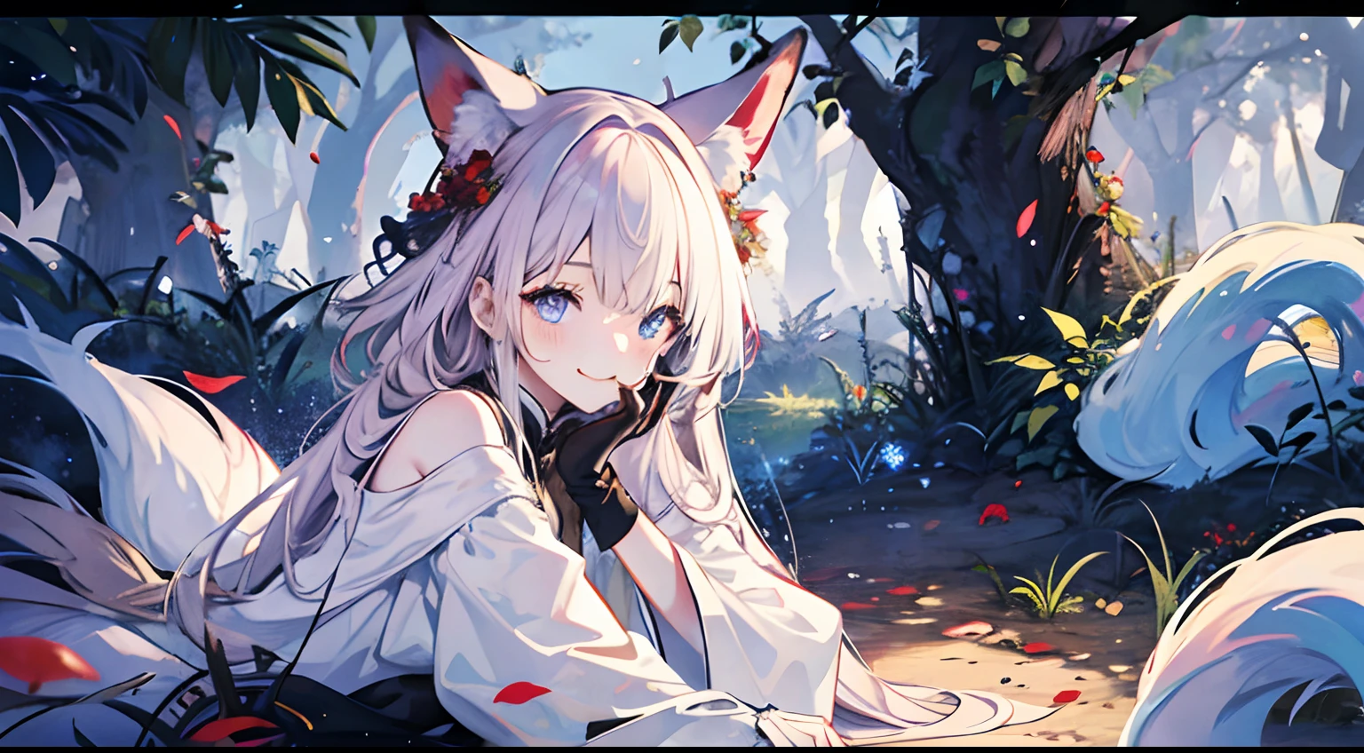 ((tmasterpiece:1.4,Best quality at best))+,(hyper-detailing)+,(Ultra-detailed eyes)+,(fox ear:1.5),
(Cute girls),ar old,(skyblue eyes:1.15),with short dark brown hair,Long brown braids,Bushy hair(wariza:1.2),pale-skinned,ssmile,a seductive smile
(She wears a conservative white warm suit,Gold pattern,Lots of fluff:1.5),(Black gloves:1.4)The sleeves are long,
Black earrings,lean legs,Red deciduous leaves,Fantasy,gem jewelry,Sea of red leaves and trees
(Fluffy fox tail:1.1),
(dawn light:1.2),white fox,
(Thick black and white:1.16),(depth of fields:1.4),,Complicated details,
