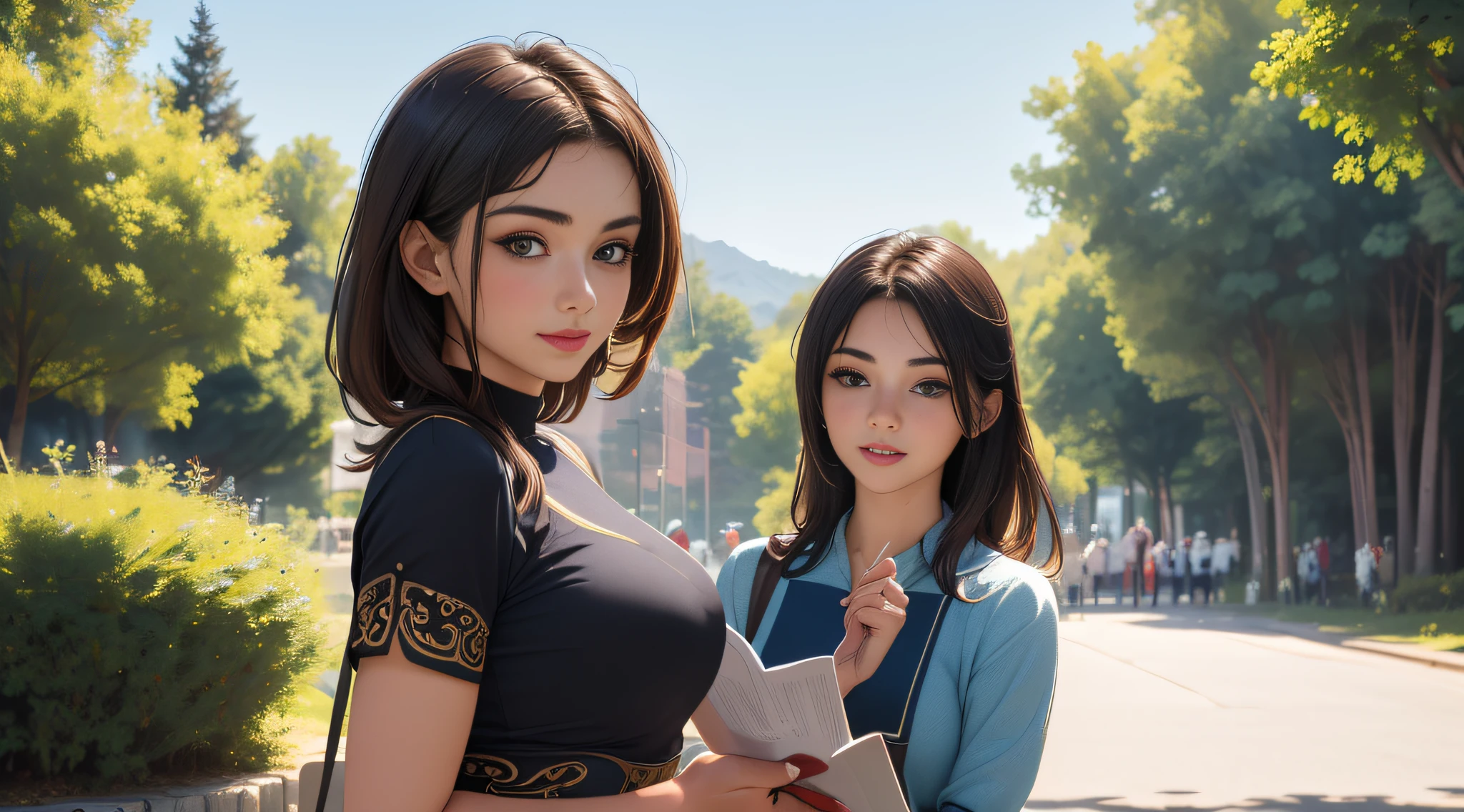 sfw, (Extremely detailed 8k wallpaper:2), (photo:2), (soigne Beautiful girl:2), (gives a lecture to friends:2), detailed (Face and eyes), (hyper realistic:1), (highly detailed:1), (epic realistic:1), rim light, (maximum details:1), cozy, (fullbody:1.3), (looking at viewer:2), (Woman's Attractive Qualities:2), (Attractive Woman:2), (Attractive:2), Smile, Intelligence, Empathy, Gracefulness, Sense of Style, Fitness, Grooming, Optimism, (Sensitivity:2), Sincerity, Romantic Gestures, Playfulness, Fashion Sense, (Sensuality:2), Charm, Modesty, Thoughtfulness, (Femininity:1), Flirtatiousness, Warmth, (Physical attractiveness:2), A beautiful smile, A love of life, strength and power, vulnerability, curiosity, wonder, love, (nature background:2), kawaii, waifu, Beautiful breasts, (attractive body:2), (Beautiful body:2), Beautiful pose, attractive pose, (Beautiful legs:1.0), (spread legs:1.0), (Beautiful clothes:1), (classic clothes:2), (elegant clothes:2), (European clothes:2), detailed clothes, (skirt:1), (blouse:1), (provocative pose)
