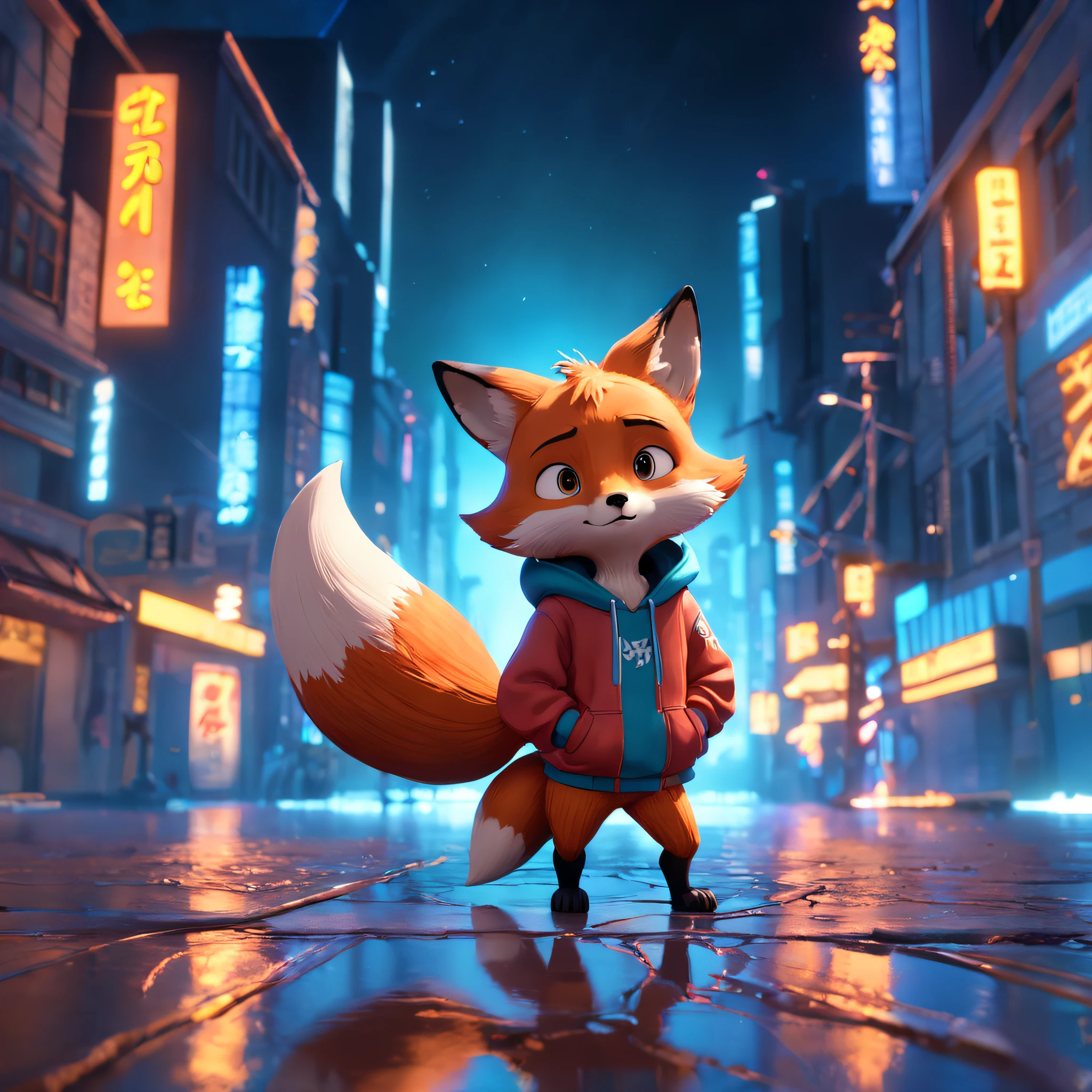 Cute fox in Pixar movie style wearing hoodie , illuminating, Cinematic lighting, 。.3D, borrowed, ultra - detailed, 8K
