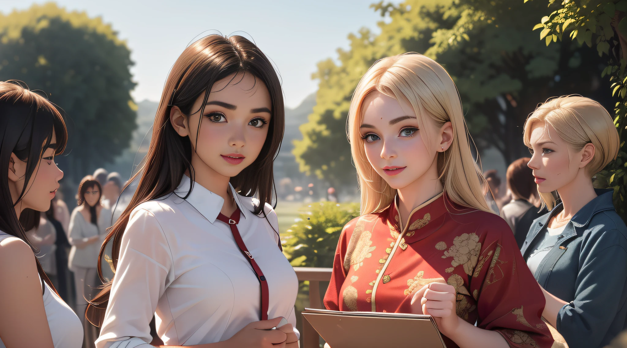 sfw, (Extremely detailed 8k wallpaper:2), (photo:2), (soigne Beautiful girl:2), (gives a lecture to friends:2), detailed (Face and eyes), (hyper realistic:1), (highly detailed:1), (epic realistic:1), rim light, (maximum details:1), cozy, (fullbody:1.3), (looking at viewer:2), (Woman's Attractive Qualities:2), (Attractive Woman:2), (Attractive:2), Smile, Intelligence, Empathy, Gracefulness, Sense of Style, Fitness, Grooming, Optimism, (Sensitivity:2), Sincerity, Romantic Gestures, Playfulness, Fashion Sense, (Sensuality:2), Charm, Modesty, Thoughtfulness, (Femininity:1), Flirtatiousness, Warmth, (Physical attractiveness:2), A beautiful smile, A love of life, strength and power, vulnerability, curiosity, wonder, love, (nature background:2), kawaii, waifu, Beautiful breasts, (attractive body:2), (Beautiful body:2), Beautiful pose, attractive pose, (Beautiful legs:1.0), (spread legs:1.0), (Beautiful clothes:1), (classic clothes:2), (elegant clothes:2), (European clothes:2), detailed clothes, (skirt:1), (blouse:1), (provocative pose)