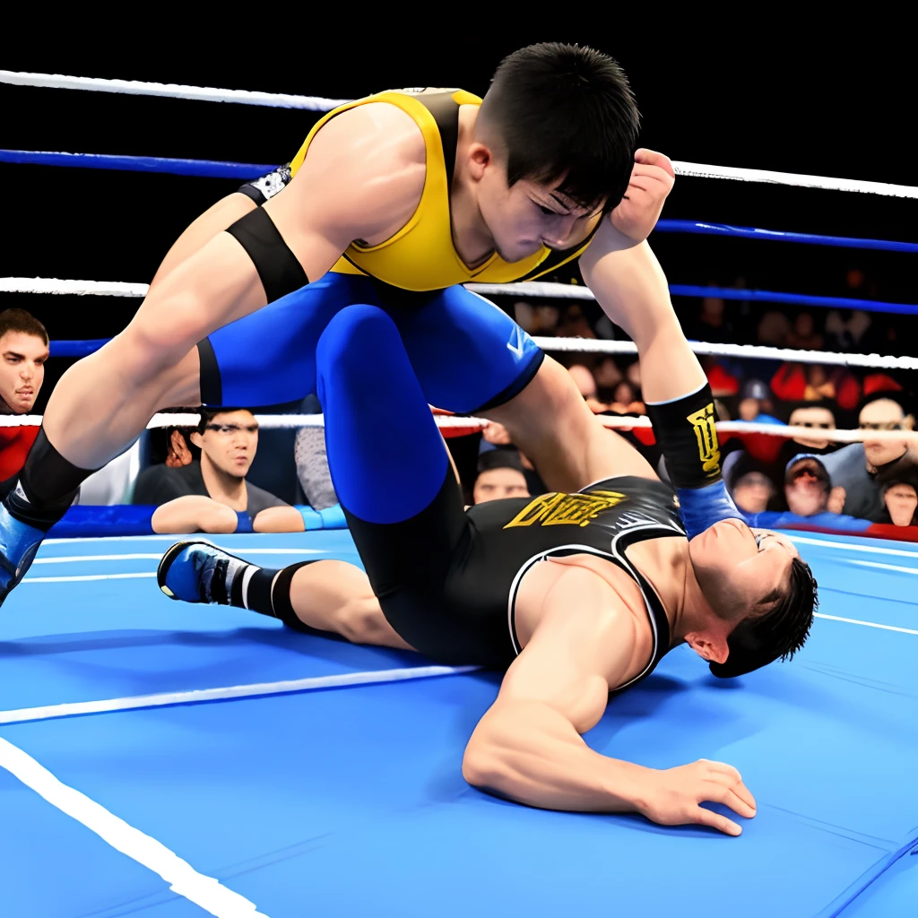 "go behind your opponent、Generate an image of a powerful professional wrestling technique that captures the moment when a powerful German suplex is applied.。"