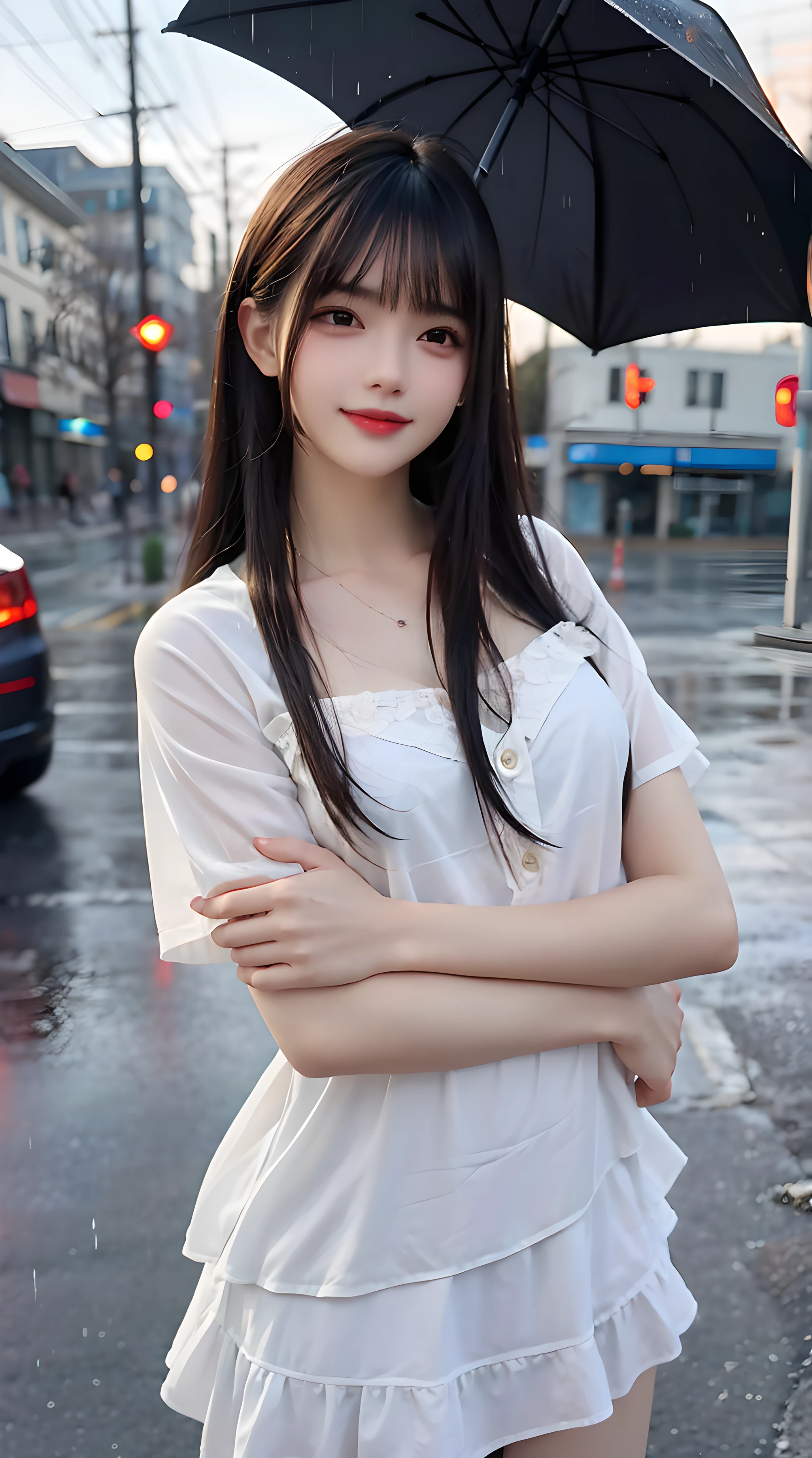 ((Best Quality, 8K, Masterpiece:1.3)), Focus: 1.2, Perfect Body Beauty: 1.4, Buttocks: 1.2, ((Layered Haircut, Breasts: 1.2)), (Wet Clothes: 1.1), (Rain, Street:1.3), Bandeau Dress: 1.1, Highly Detailed Face and Skin Texture, Fine Eyes, Double Eyelids, Whitening Skin, Long Hair, (Shut Up: 1.3), Smile