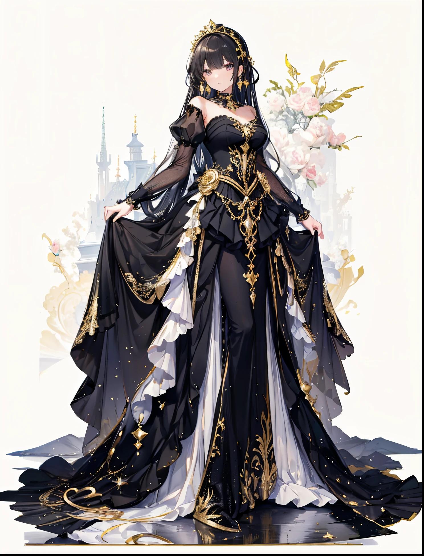 Ultra-realistic photo of a girl in a majestic black and gold black ball gown dress,Big beautiful dress, ((sailormoon)), Complex puffy ball gown with lots of frills and rhinestones (Best Quality, masutepiece, art  stations, Fantasy Art:1.2), Palace rooms, Beautiful cute girl, (long white hair:1.1), (Complex short gold skirt, Bare legs:1.2, Full body shot)
