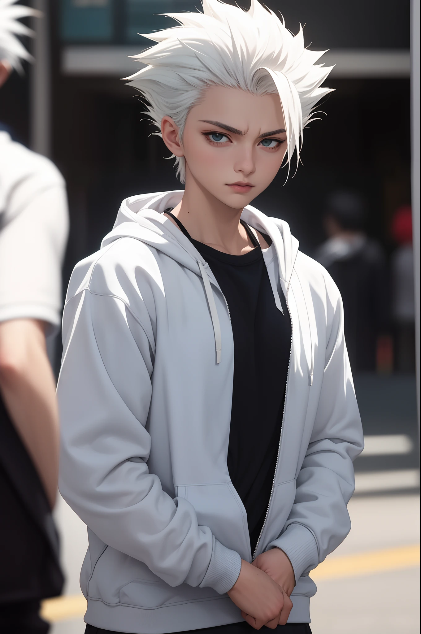 masterpiece, best quality, high quality, 1boy, solo, male focus, looking at viewer, upper body, hitsugaya_toushirou, wearing Streetwear Hoodie, dinamic lighting, blurry background