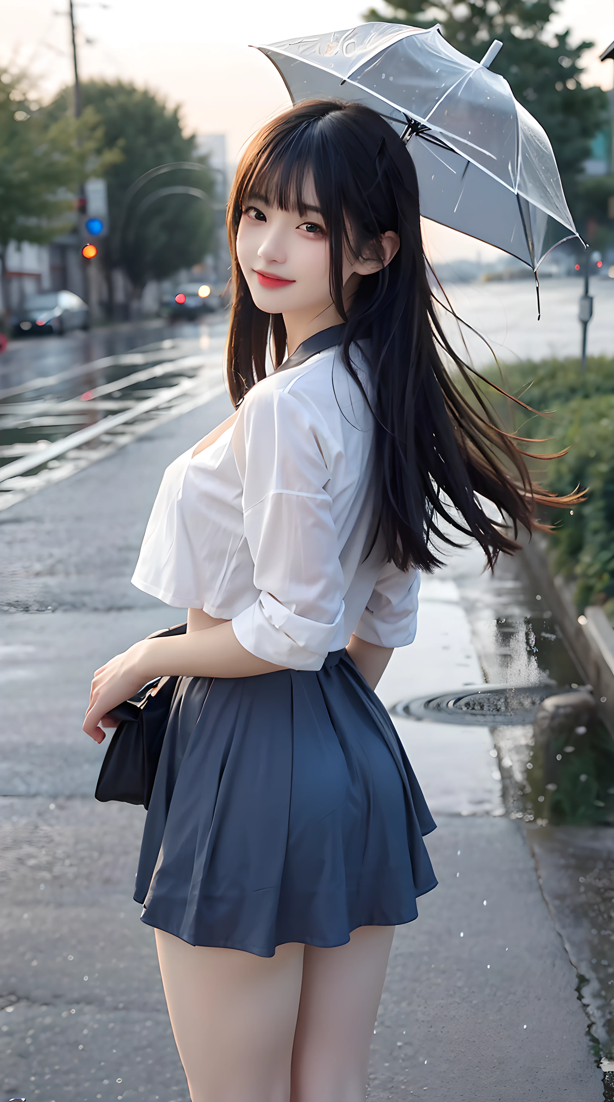 ((Best Quality, 8K, Masterpiece:1.3)), Focus: 1.2, Perfect Body Beauty: 1.4, Buttocks: 1.2, ((Layered Haircut, Breasts: 1.2)), (Wet Clothes: 1.1), (Rain, Street:1.3), Bandeau Dress: 1.1, Highly Detailed Face and Skin Texture, Fine Eyes, Double Eyelids, Whitening Skin, Long Hair, (Shut Up: 1.3), Smile