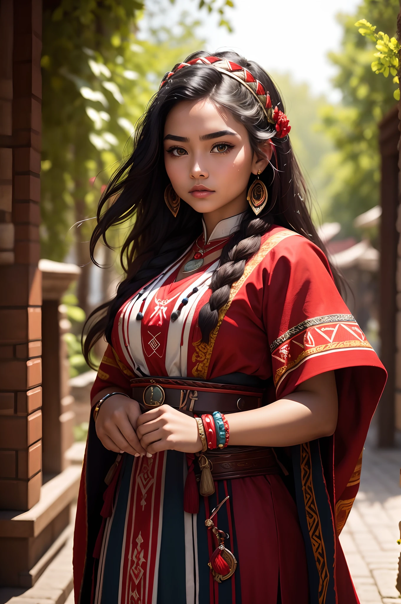 One of the works depicts a young indigenous woman, wearing traditional red and black clothing, with details and accessories that highlight her cultural heritage. The art, a fusion of illustration and digital photography, is visually captivating, with high quality and an emphasis on the vibrant colors of indigenous culture. The balanced composition highlights the young woman's strength and resilience, symbolizing the preservation of cultural heritage and the acceptance of diversity. High quality, 8K, realistic, details, good lighting.