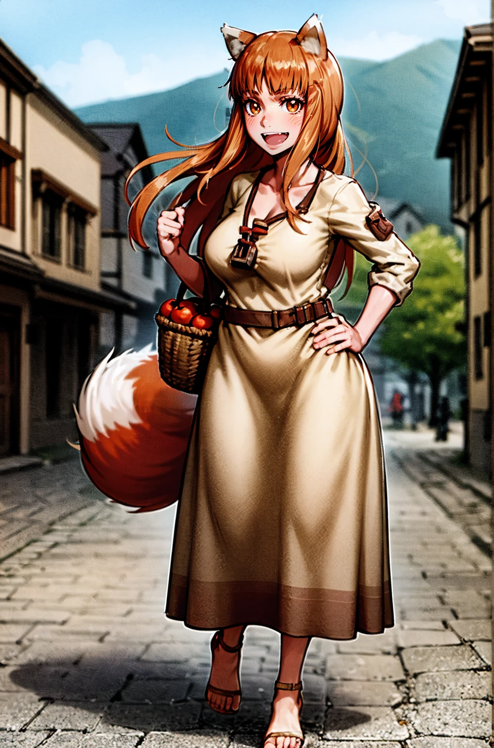 (holo:1.5), (holoBrownDress:1.5), masterpiece, best quality, absurdres, 1girl, looking at viewer, standing, cowboy shot, outdoors, medieval, cobblestone street, town, pouch, sash, smile, fruit, apple, basket,huge breast, curvy, silver hair, white hair, full body, flipflops,, smiling open mouth