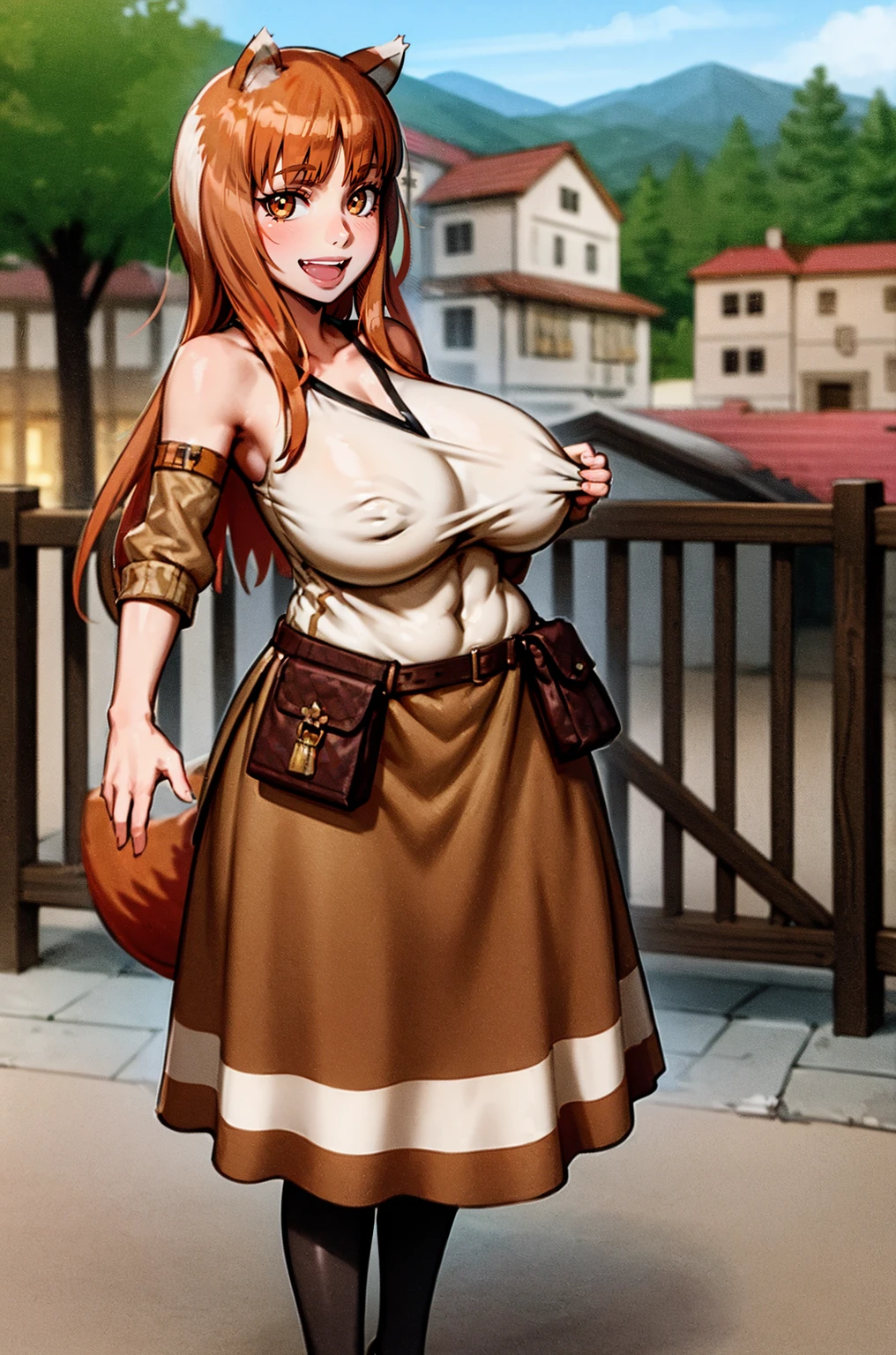 (holo:1.5), (holoBrownDress:1.5), masterpiece, best quality, absurdres, 1girl, looking at viewer, standing, cowboy shot, outdoors, medieval, cobblestone street, town, pouch, sash, smile, fruit, apple, basket,huge breast, curvy, silver hair, white hair, full body, flipflops,, smiling open mouth