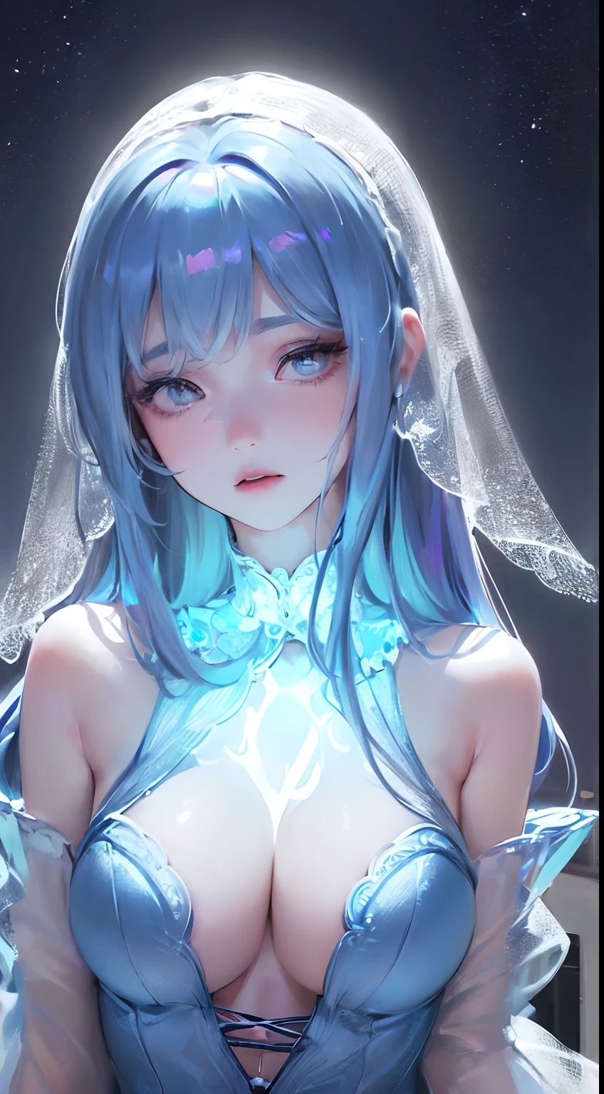 ((dim light, soft lighting, night scene):1.6), Best Quality, Masterpiece, Illustration, (Realistic, Photorealistic: 1.37), Stunning, Fine Detail, Incredibly Ridiculous, Huge File Size, Super Detailed, High Resolution, Extremely detailed CG uniform 8k wallpaper, ray tracing, nsfw, 1girl, full body, glamor portrait of a slim ite young Korean woman who has some floating transparent glittery veil covering certain parts of her body. She has transparent glowing fairy wings on her back, ((((facing viewer)))), outdoors:1.3,