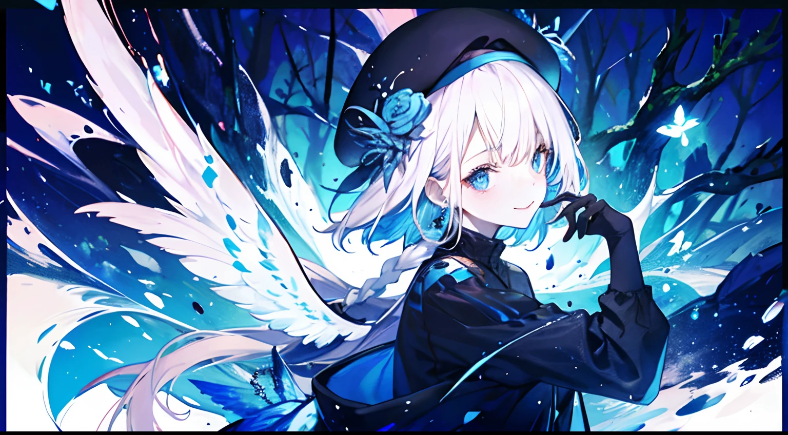 ((tmasterpiece:1.4,Best quality))+,(hyper-detailing)+,(Ultra-detailed eyes)+,(Winged ears:1.5),
(cute girls),ar old,(skyblue eyes:1.15),dark blue short hair,long blue braids,Bushy hair(wariza:1.2),pale-skinned,ssmile,a seductive smile
(She wore a conservative blue and black thermal suit,red pattern,Lots of fluff:1.5),(Black gloves:1.4)The sleeves are long,
Black earrings,lean legs,The corals,fanciful,gem jewelry,Ocean of fish and trees,blue beret hat
(Black tentacles:1.1),
(dawn light:1.2),
(Thick black and white:1.16),(depth of fields:1.4),,Complicated details,