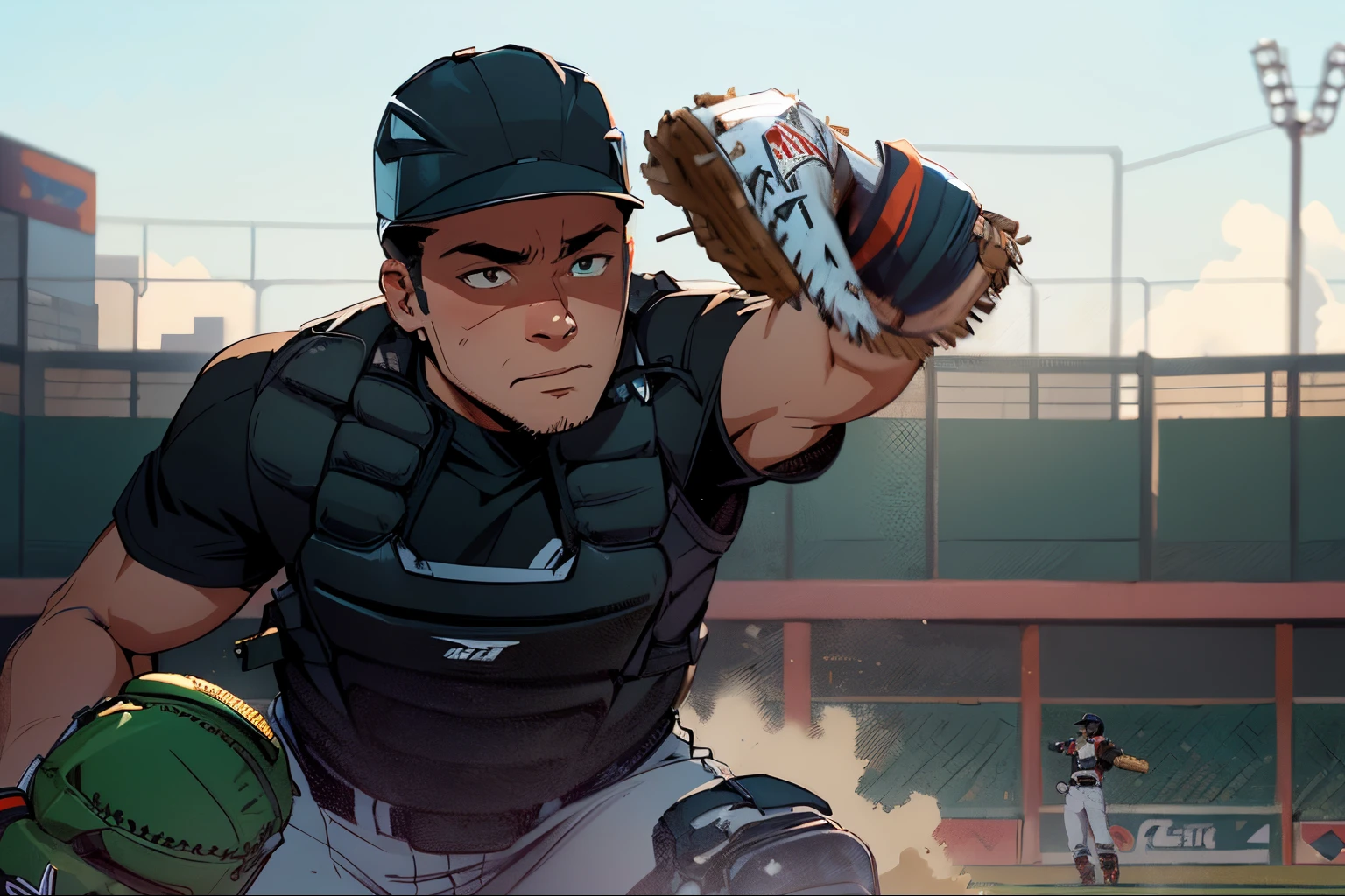 (Best Quality,Ultra-detailed,hight resolution,masutepiece:1.2),Baseball,catcher,Catcher's mitt,Man's,Short hair,Black hair,Strong appearance,athletic build,powerful stance,Determined expression,Professional player,action SHOT,dusty baseball diamond,green grass field,Bright sunlight,Athlete Uniforms,gloves,dirt on clothes,Pay attention to the catcher and mitt,Ball in the air,Playoff game atmosphere,Vivid colors,High contrast,dynamic compositions,Bokeh,Brave face