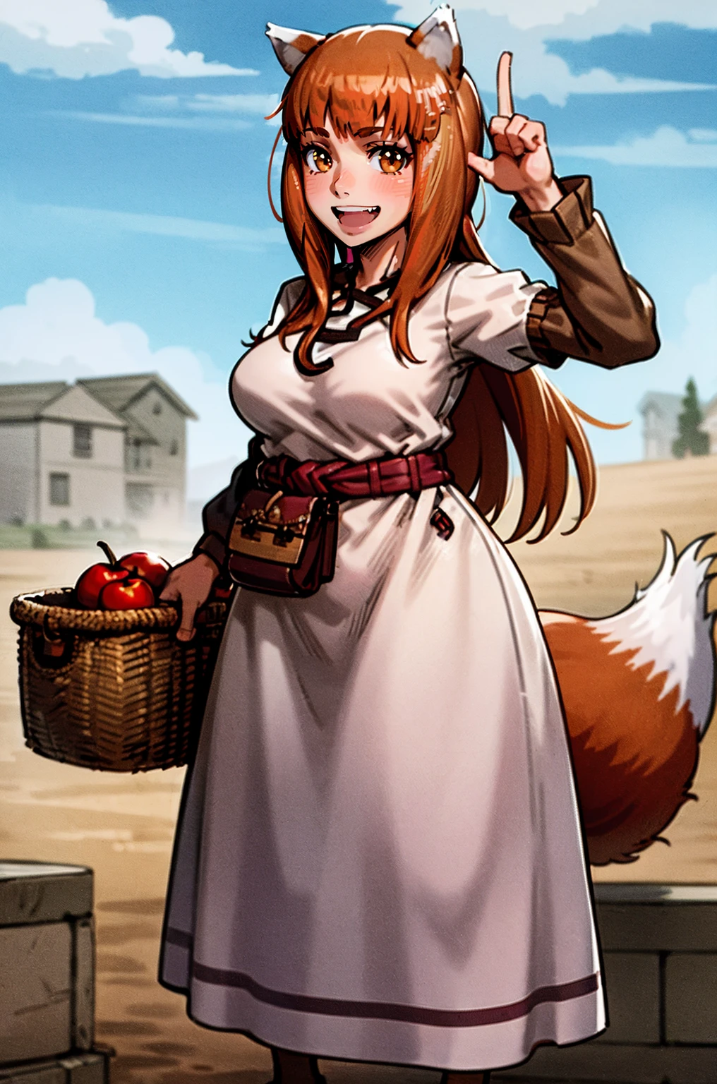 A stunning high resolution portrait masterpiece of a beautifully detailed girl with long, shiny brown hair and mesmerizing green eyes, wearing a cozy sweater and flashing a gorgeous smile that accentuates her large breasts, but perfectly formed, with white neko ears raised and her tail curled