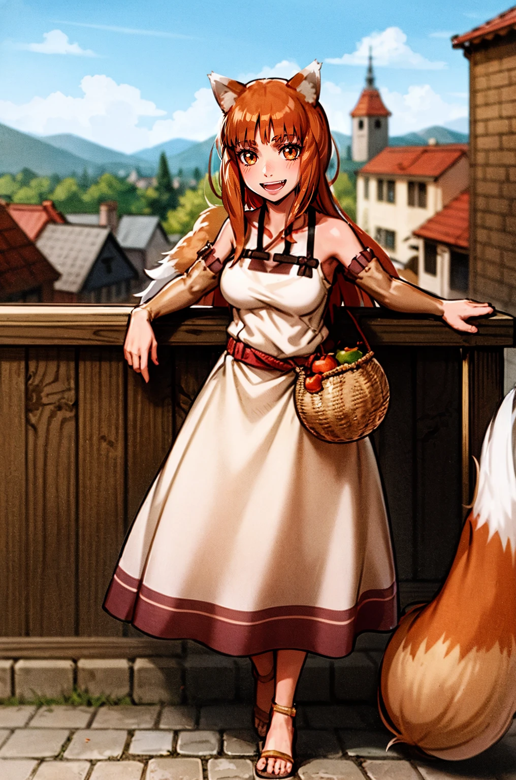 (holo:1.5), (holoBrownDress:1.5), masterpiece, best quality, absurdres, 1girl, looking at viewer, standing, cowboy shot, outdoors, medieval, cobblestone street, town, pouch, sash, smile, fruit, apple, basket,mediumbreast, curvy, silver hair, white hair, full body, flipflops,open mouth smile